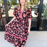 Chocolate Brown Floral Midi Dress-500 Midi-ENTRO-July & June Women's Fashion Boutique Located in San Antonio, Texas