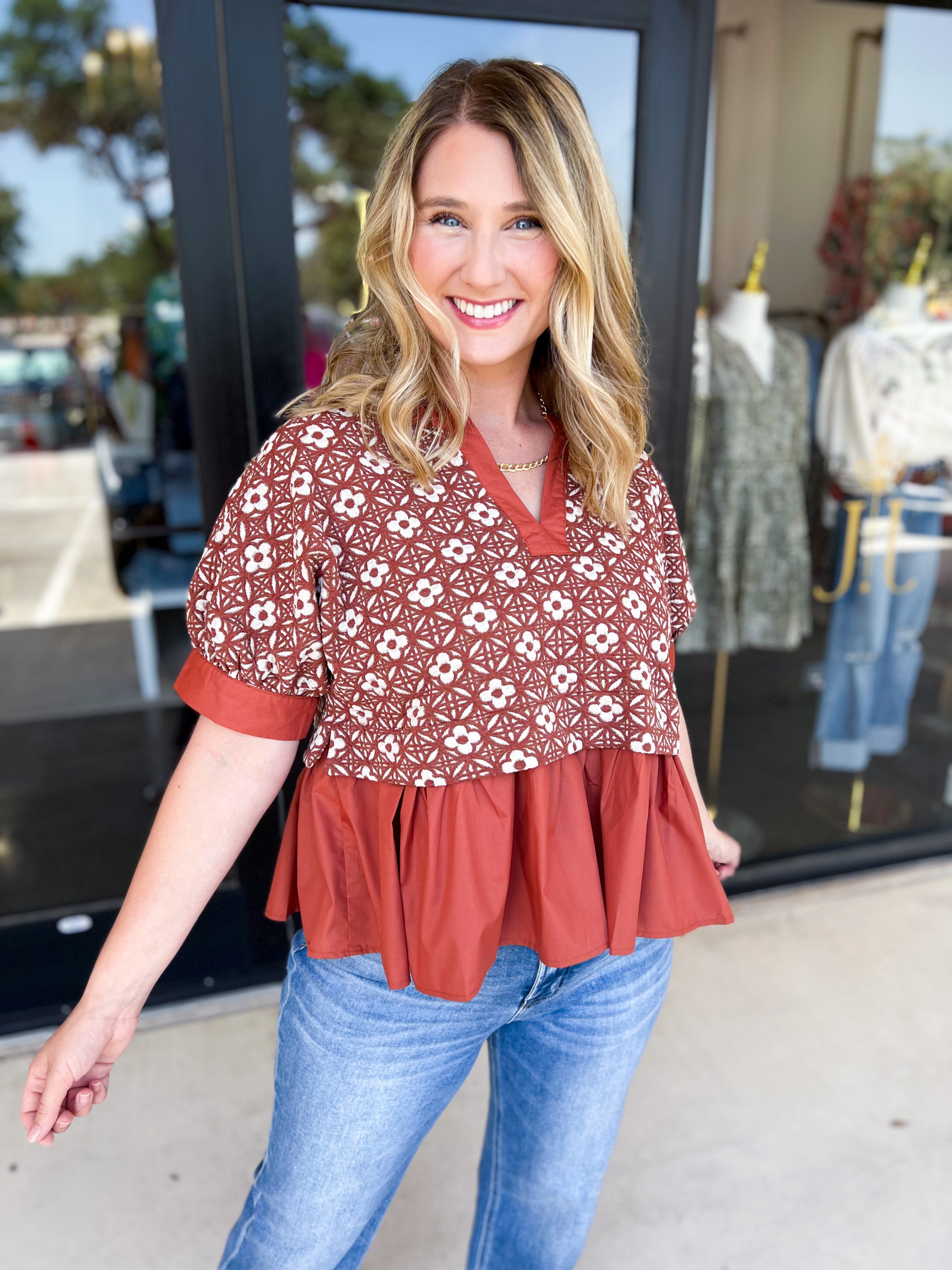 The Fall Peplum Top - Rust-200 Fashion Blouses-ENTRO-July & June Women's Fashion Boutique Located in San Antonio, Texas
