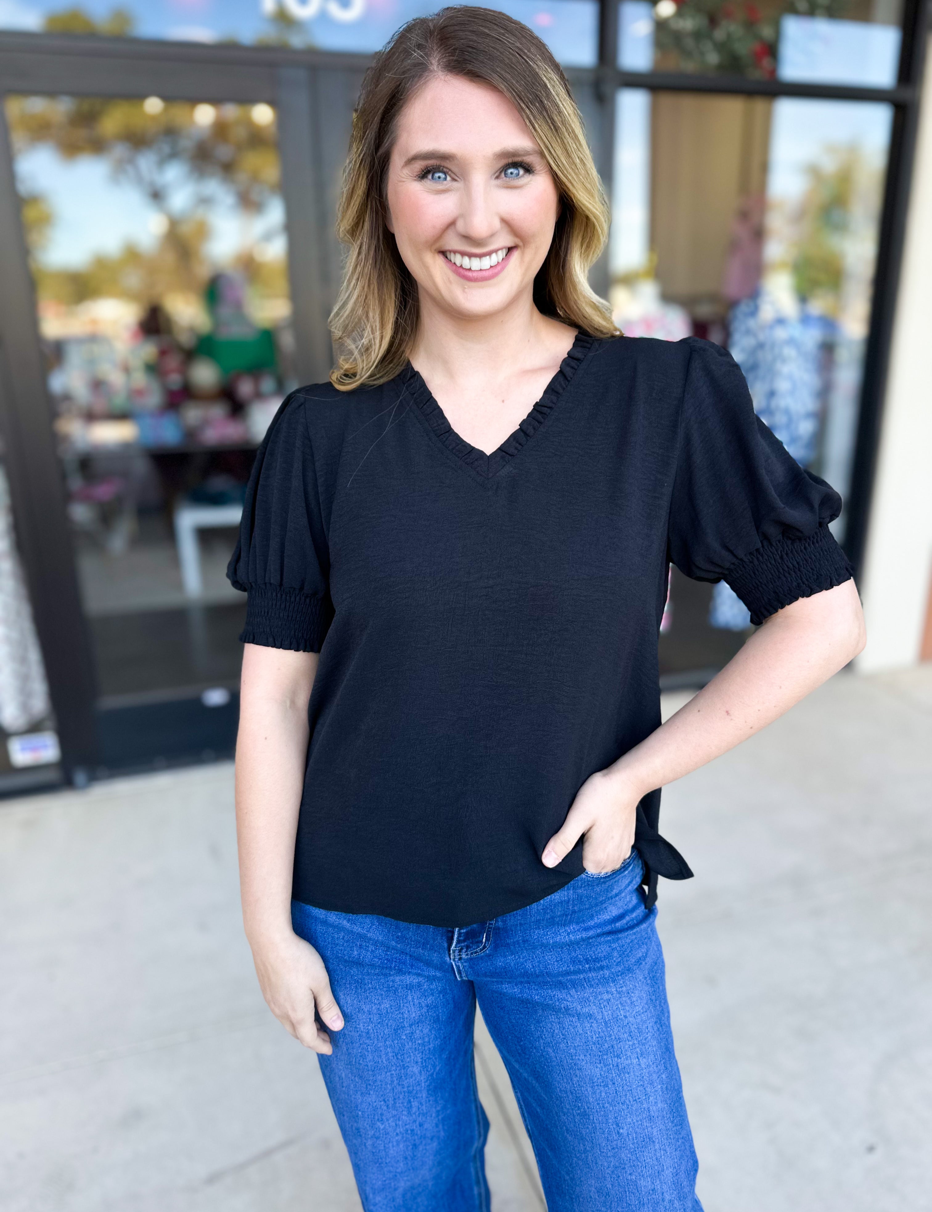 Everyday Ruffle V-Neck Blouse - Black-200 Fashion Blouses-JODIFL-July & June Women's Fashion Boutique Located in San Antonio, Texas