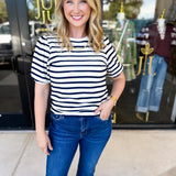 Striped Round Neck Tee - Navy-210 Casual Blouses-POLOGRAM-July & June Women's Fashion Boutique Located in San Antonio, Texas