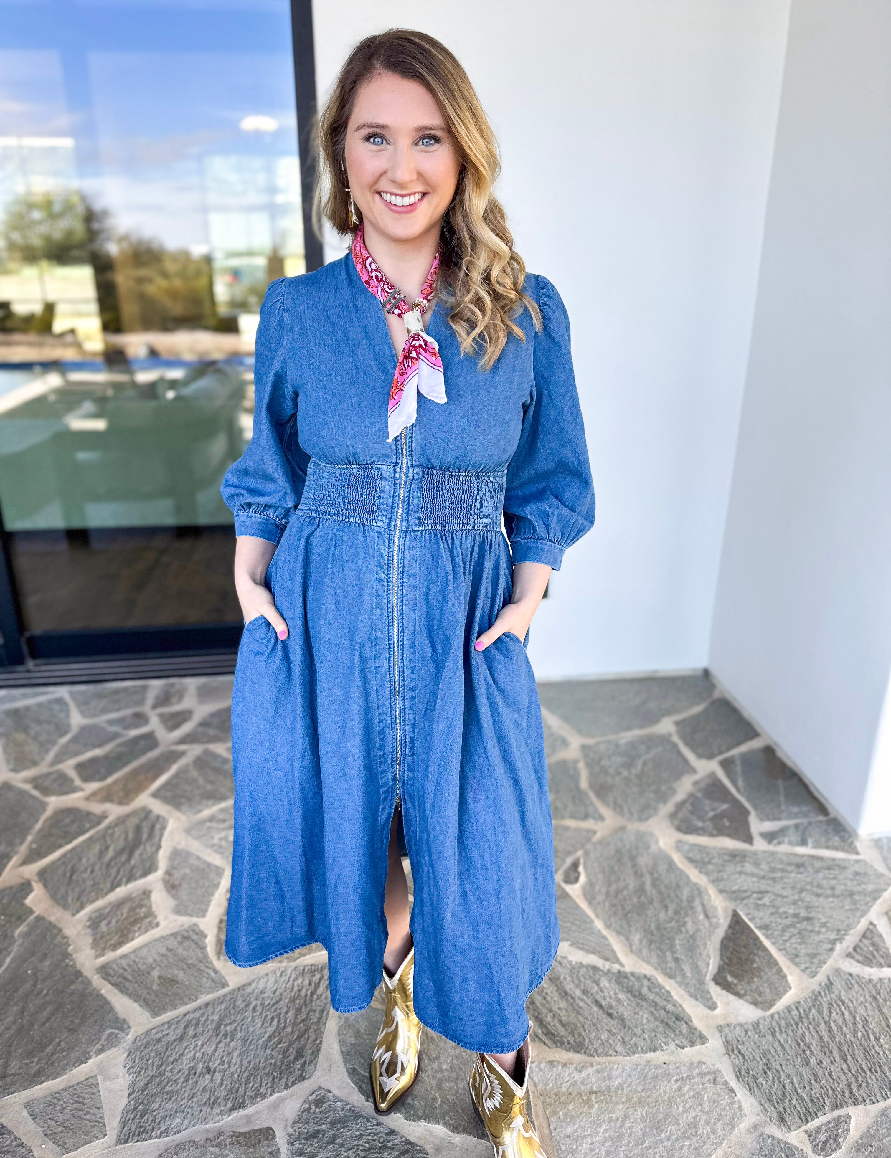 The Ella Denim Midi Dress-500 Midi-ENTRO-July & June Women's Fashion Boutique Located in San Antonio, Texas