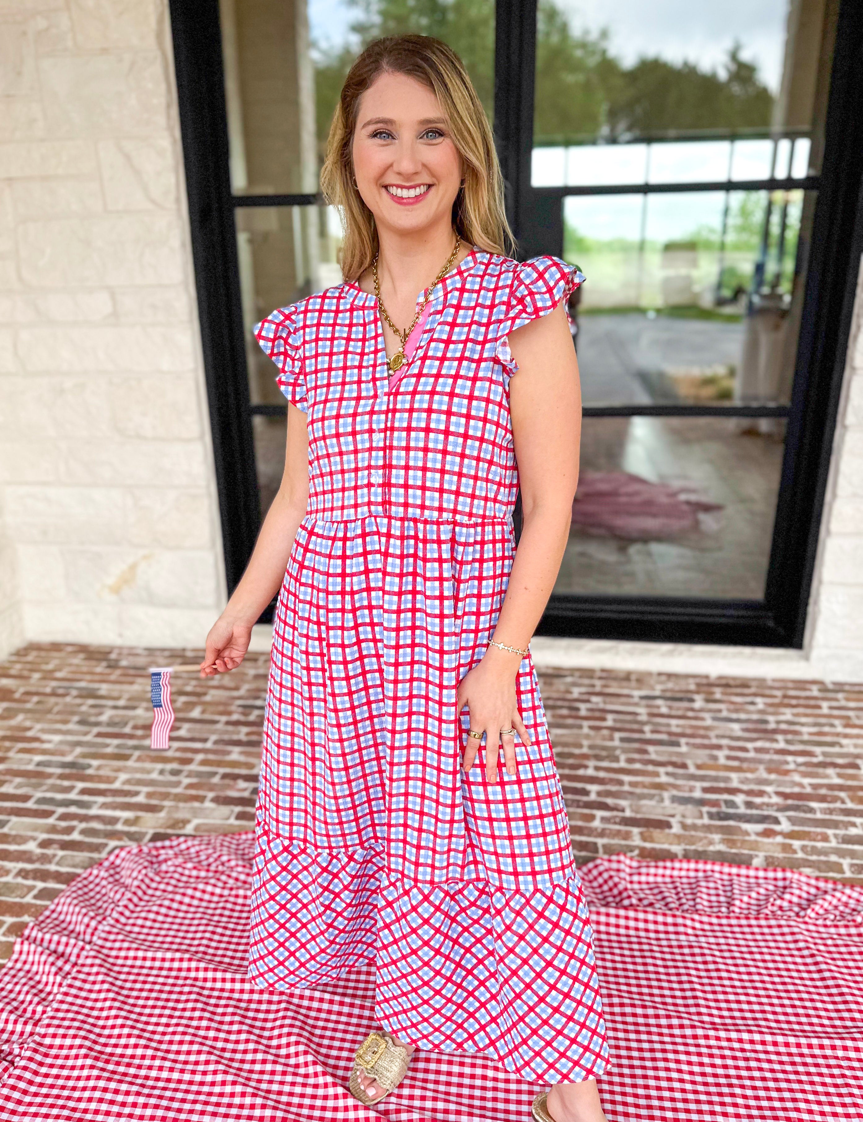 Mary Square - Elaine Gingham Midi Dress-MARY SQUARE-July & June Women's Fashion Boutique Located in San Antonio, Texas