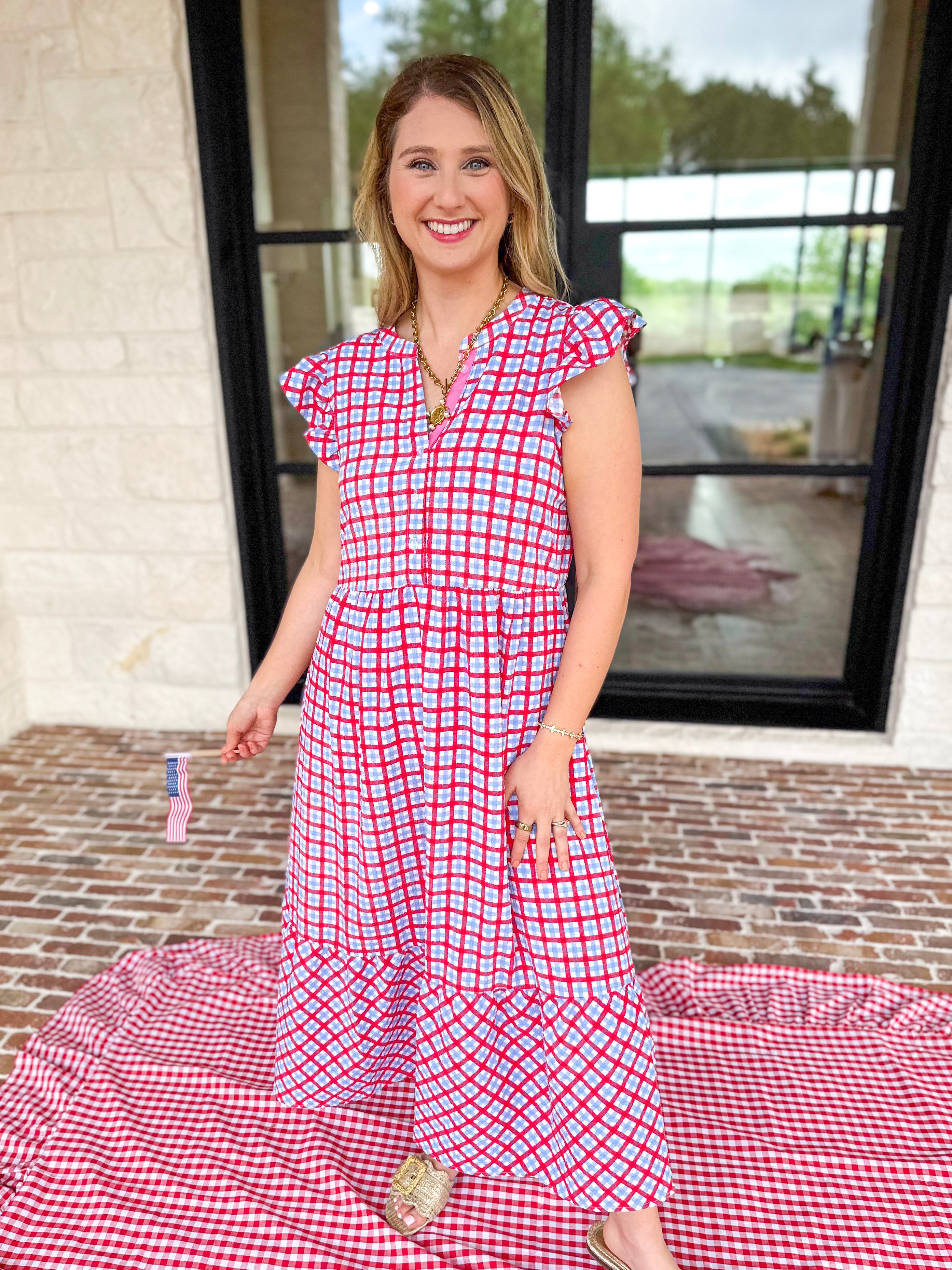 Mary Square - Elaine Gingham Midi Dress-MARY SQUARE-July & June Women's Fashion Boutique Located in San Antonio, Texas