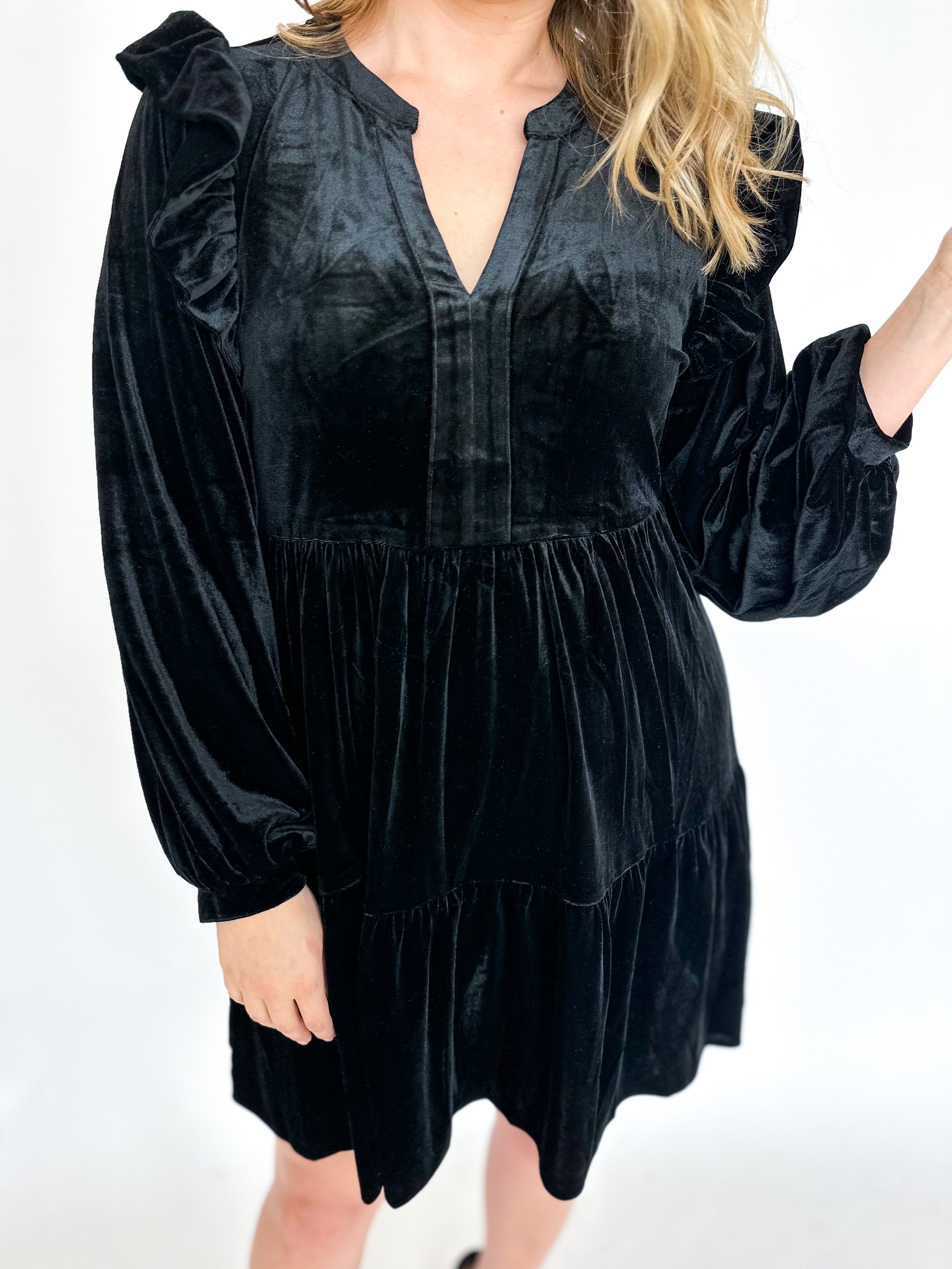 Ruffled Velvet Mini Dress- Black-510 Mini-JODIFL-July & June Women's Fashion Boutique Located in San Antonio, Texas