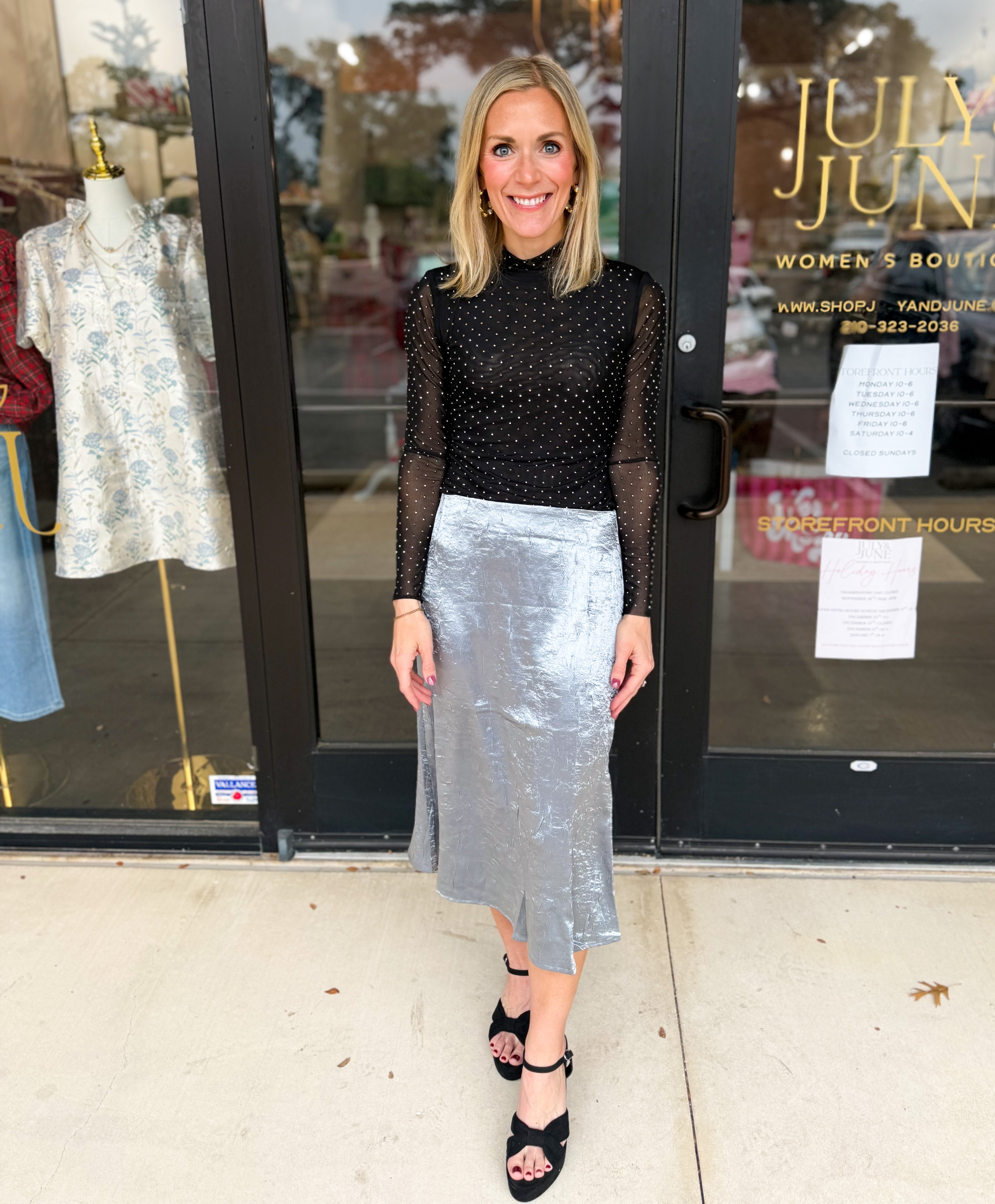 Steel Satin Skirt-410 Shorts/Skirts-ALLIE ROSE-July & June Women's Fashion Boutique Located in San Antonio, Texas