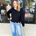 Scalloped Edges Sweater - Black-230 Sweaters/Cardis-ENTRO-July & June Women's Fashion Boutique Located in San Antonio, Texas