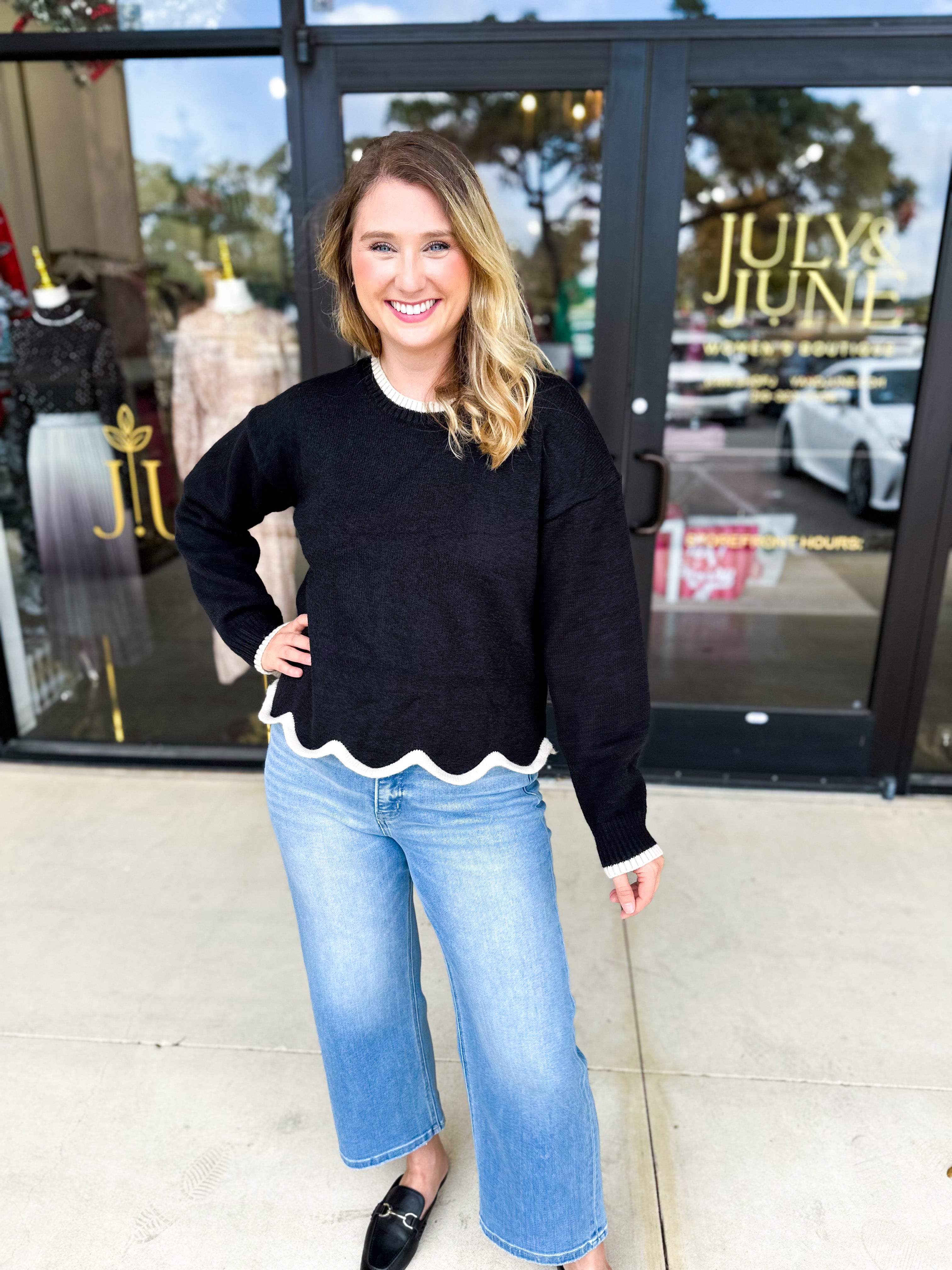 Scalloped Edges Sweater - Black-230 Sweaters/Cardis-ENTRO-July & June Women's Fashion Boutique Located in San Antonio, Texas