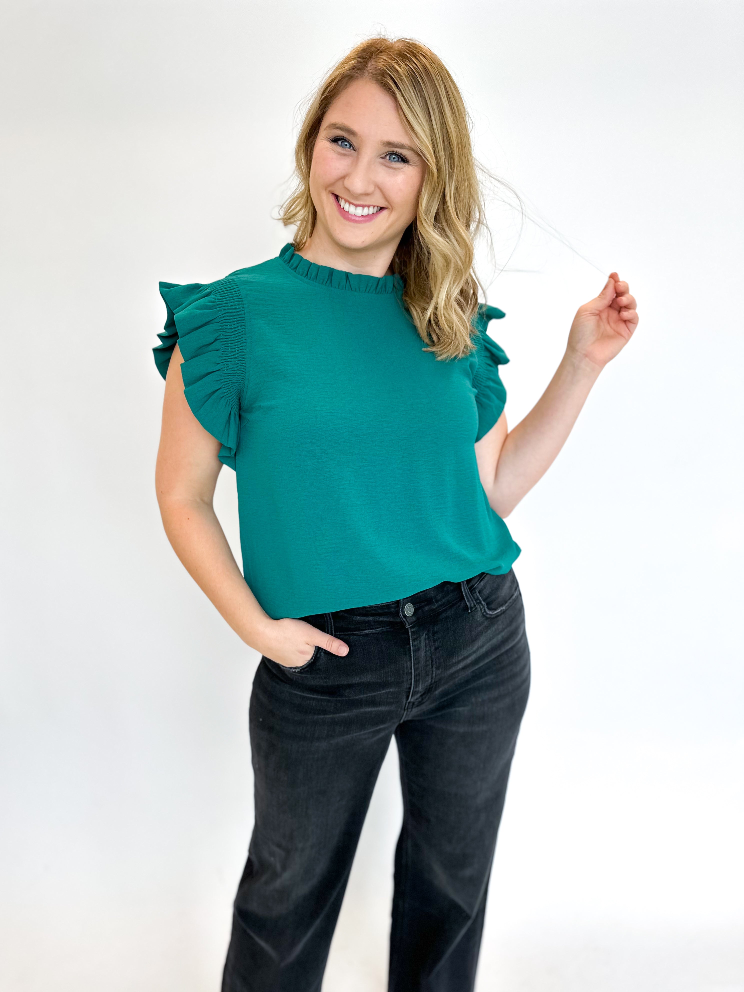 Pink Friday Doorbuster - Pine Green Ruffle Blouse-PINK FRIDAY DOORBUSTERS-JODIFL-July & June Women's Fashion Boutique Located in San Antonio, Texas