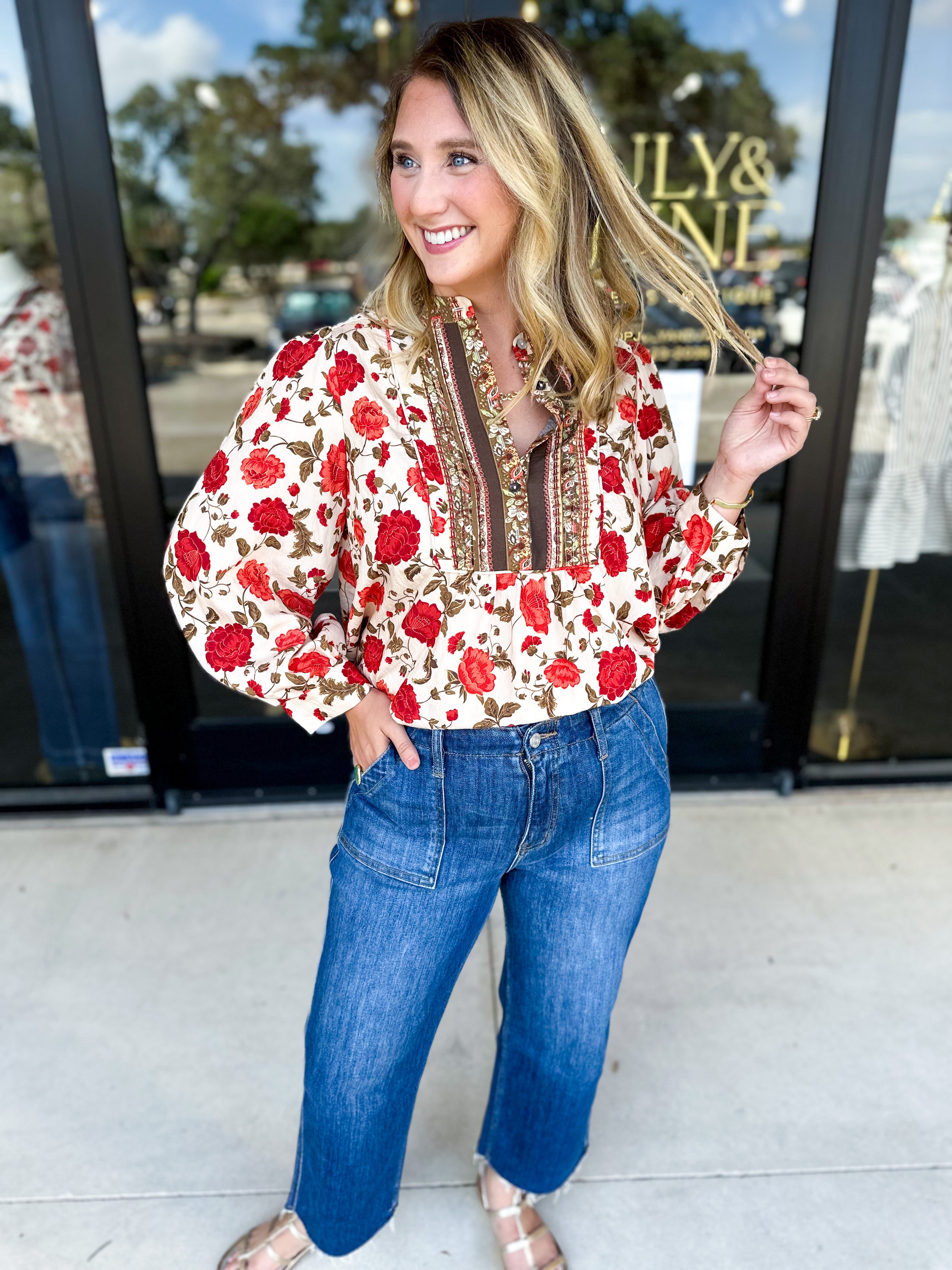 Autumn Floral Blouse-200 Fashion Blouses-ENTRO-July & June Women's Fashion Boutique Located in San Antonio, Texas