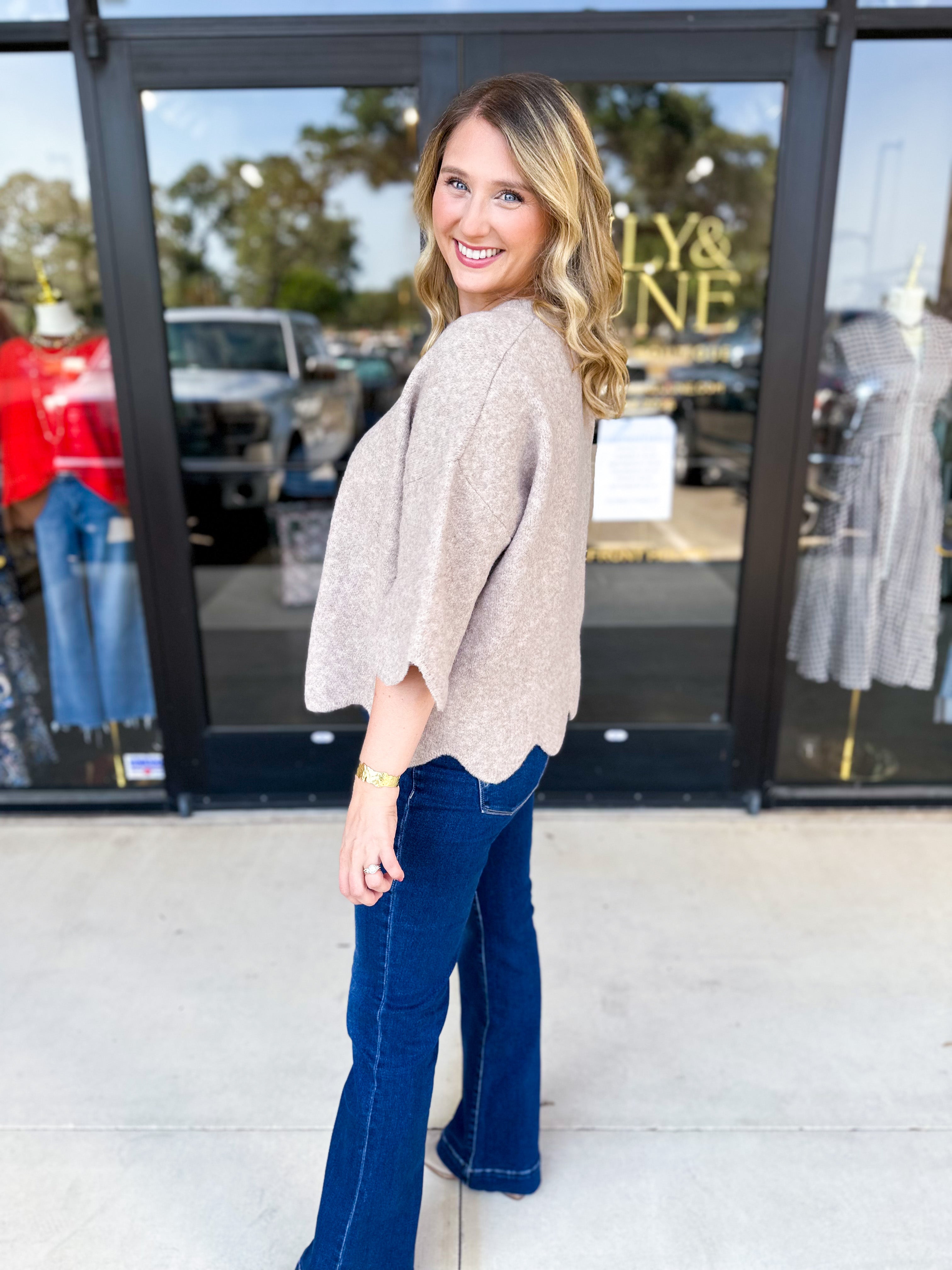 Scalloped Sweater Top - Taupe-230 Sweaters/Cardis-ENTRO-July & June Women's Fashion Boutique Located in San Antonio, Texas