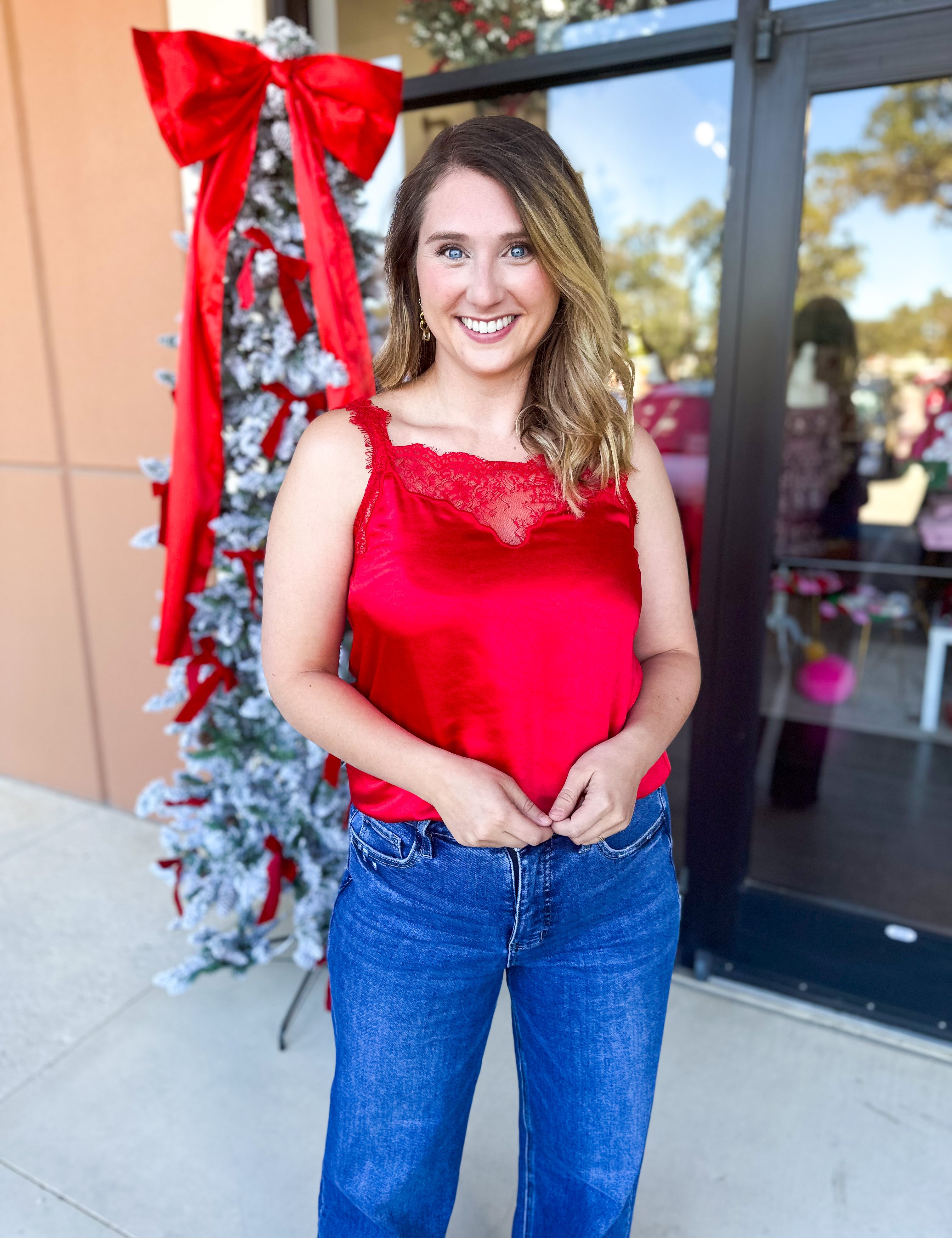 Satin Chic Cami - Red-200 Fashion Blouses-SKIES ARE BLUE-July & June Women's Fashion Boutique Located in San Antonio, Texas