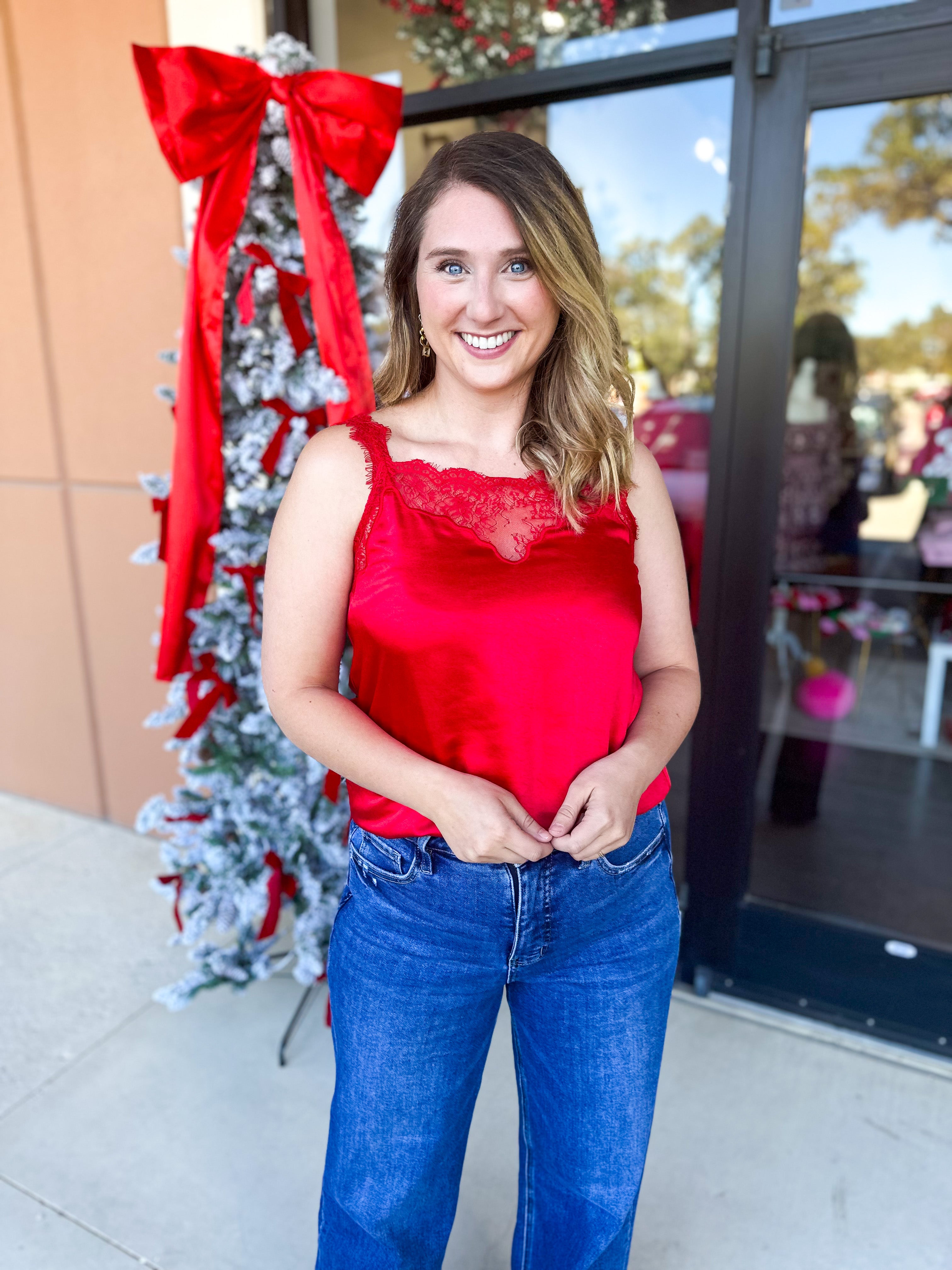 Satin Chic Cami - Red-200 Fashion Blouses-SKIES ARE BLUE-July & June Women's Fashion Boutique Located in San Antonio, Texas