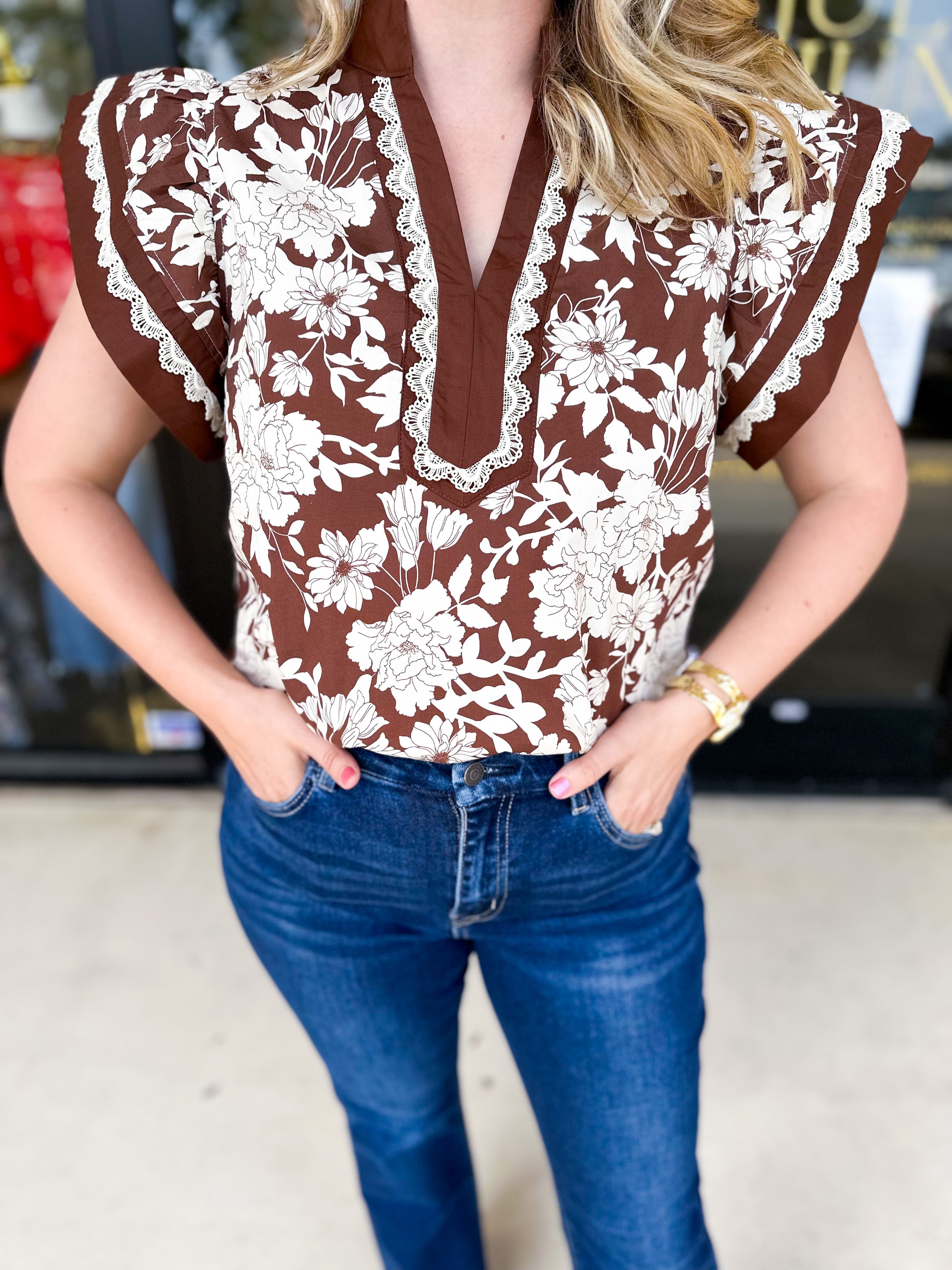 Mocha Floral Blouse-200 Fashion Blouses-ENTRO-July & June Women's Fashion Boutique Located in San Antonio, Texas