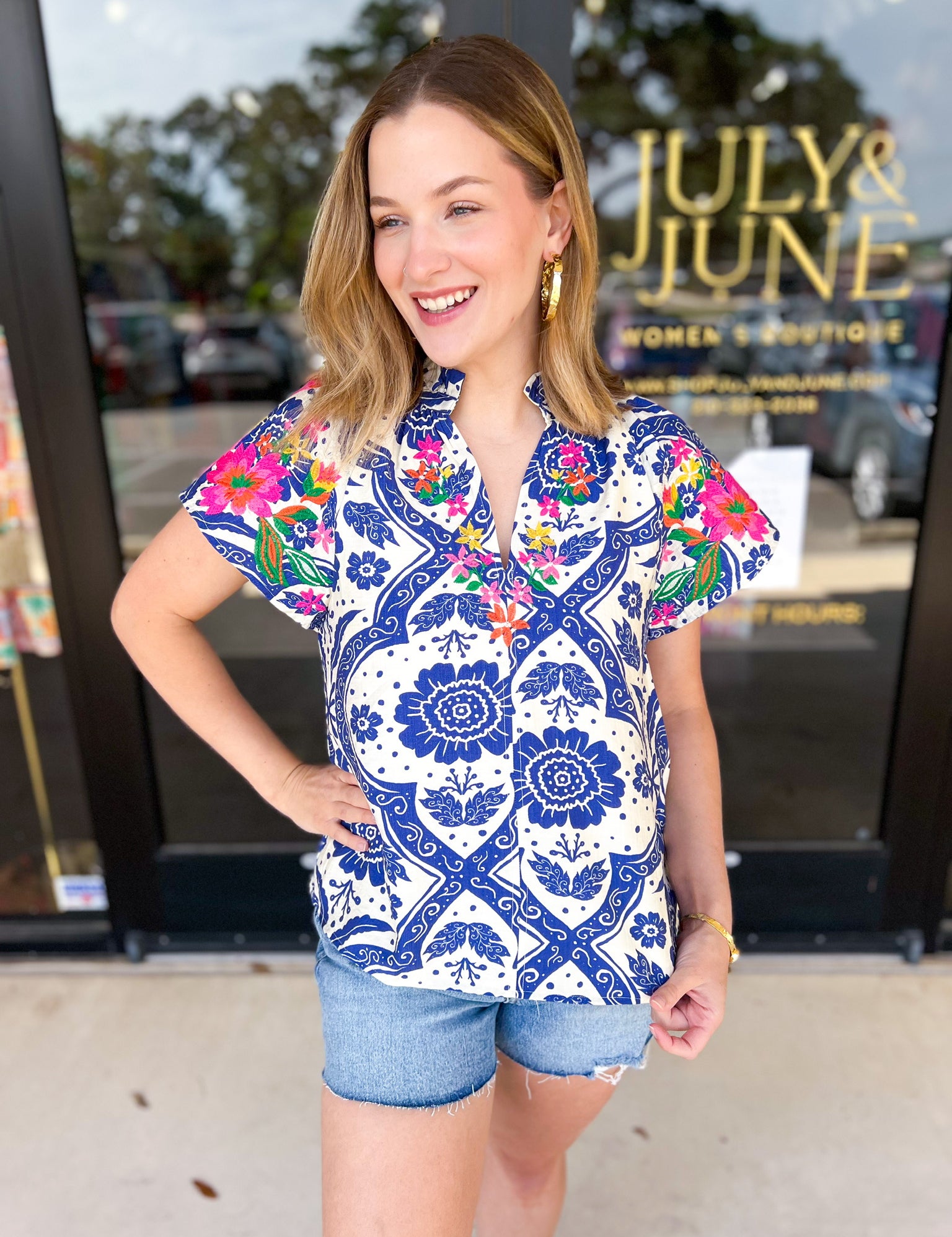 THML - Bold Blue Embroidered Blouse-200 Fashion Blouses-THML-July & June Women's Fashion Boutique Located in San Antonio, Texas