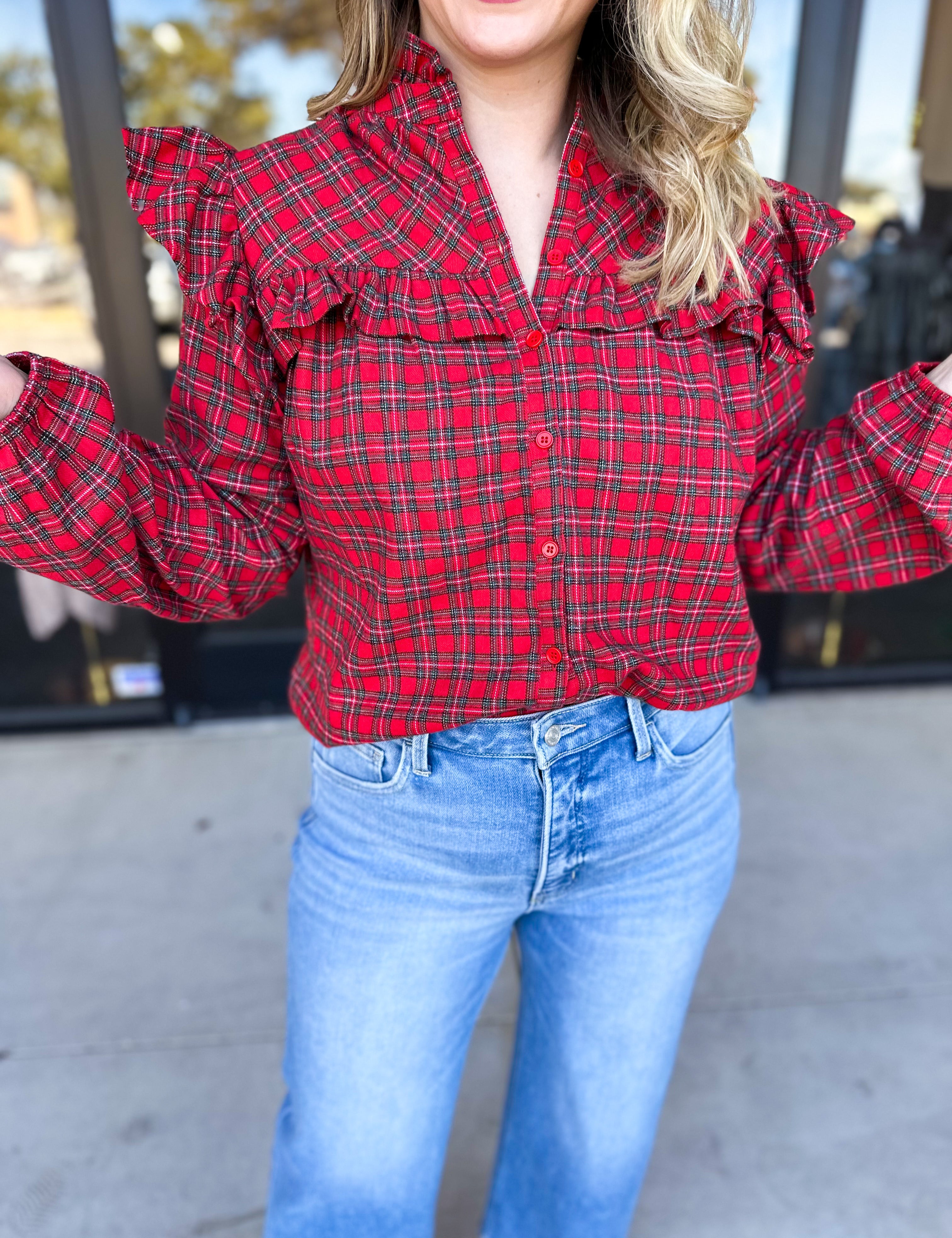 Tartan Ruffle Blouse-200 Fashion Blouses-FATE-July & June Women's Fashion Boutique Located in San Antonio, Texas