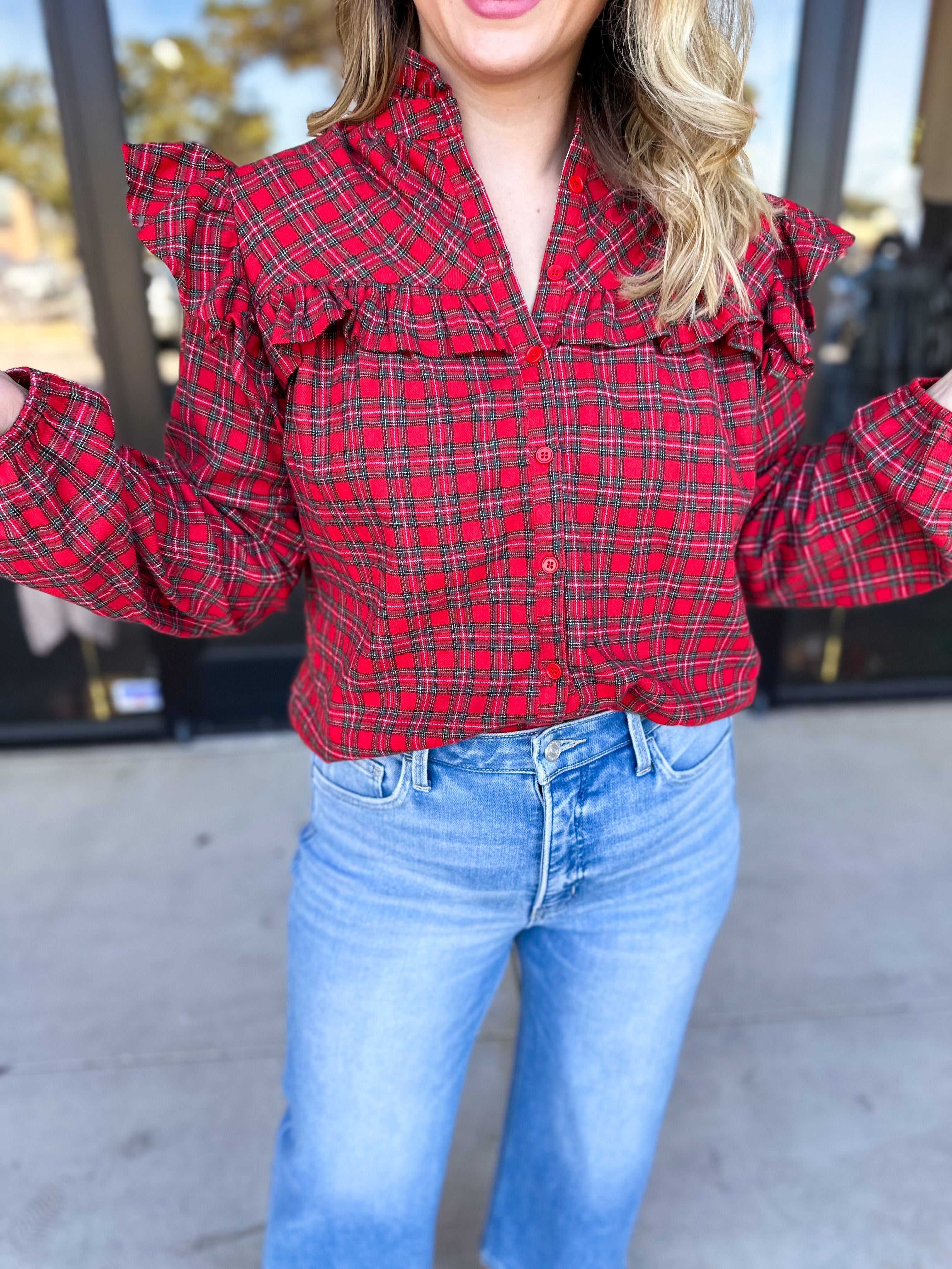 Tartan Ruffle Blouse-200 Fashion Blouses-FATE-July & June Women's Fashion Boutique Located in San Antonio, Texas