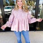 The Lace Details Blouse Long Sleeve - Blush-200 Fashion Blouses-FATE-July & June Women's Fashion Boutique Located in San Antonio, Texas