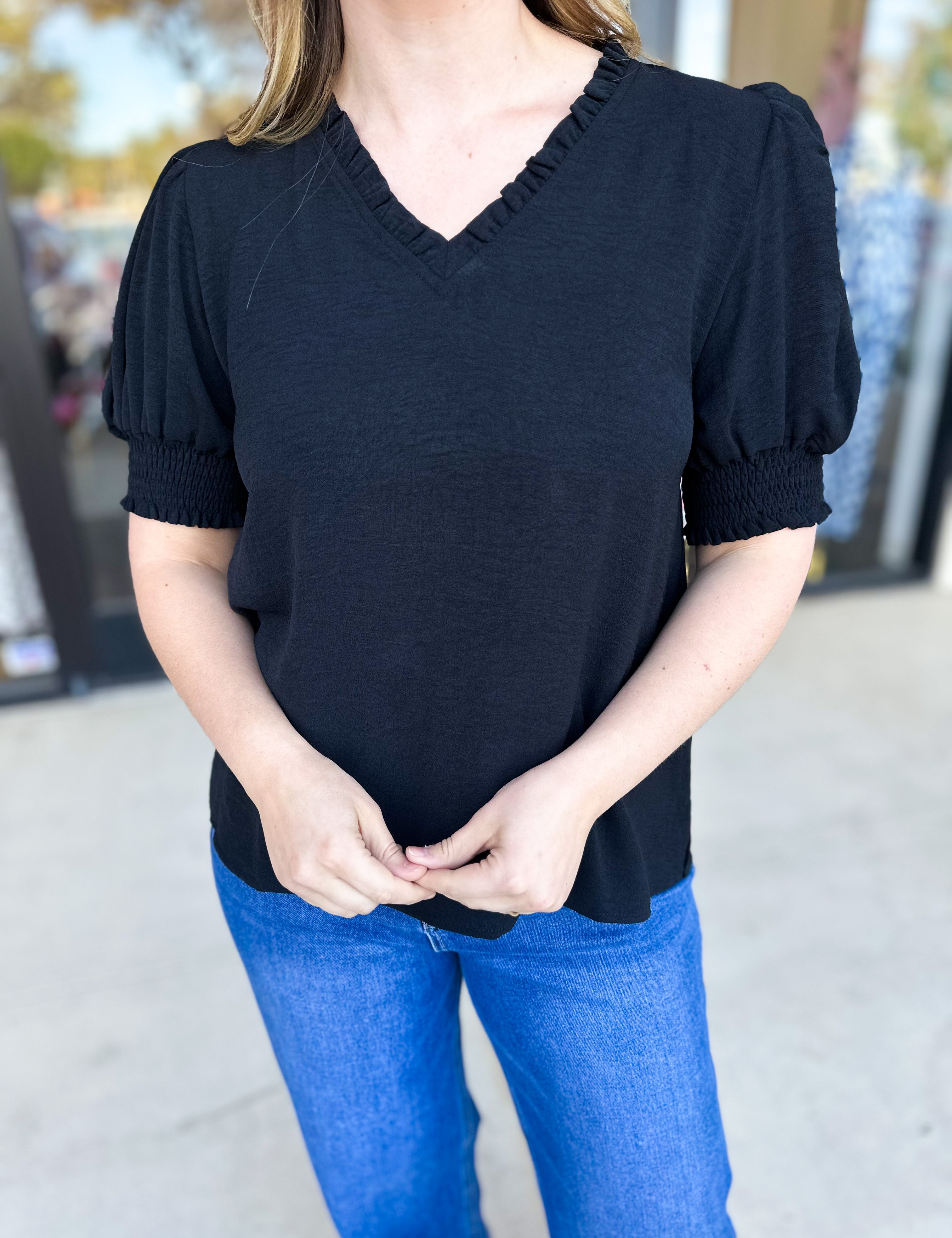 Everyday Ruffle V-Neck Blouse - Black-200 Fashion Blouses-JODIFL-July & June Women's Fashion Boutique Located in San Antonio, Texas