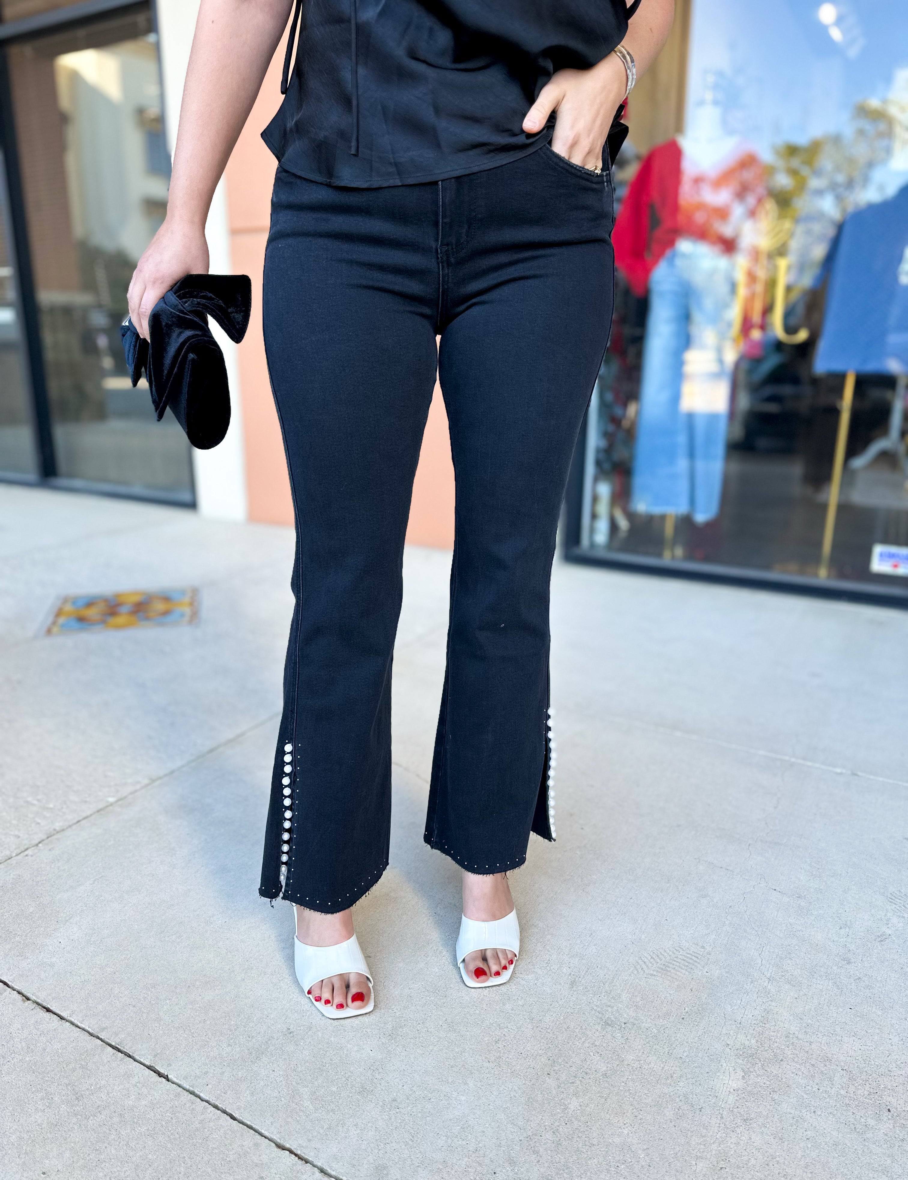 Vervet - High Rise Black & Pearl Studded Bootcut Jeans-400 Pants-VEVERT BY FLYING MONKEY-July & June Women's Fashion Boutique Located in San Antonio, Texas