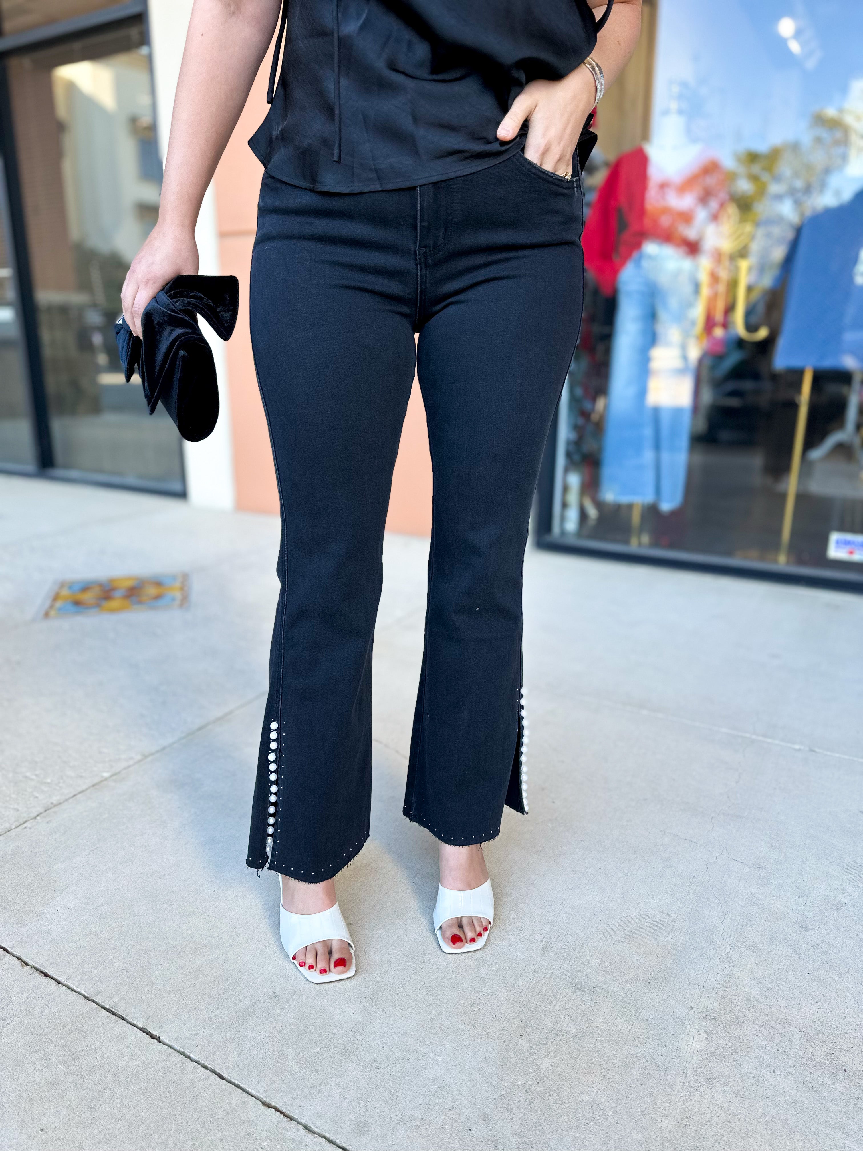 Vervet - High Rise Black & Pearl Studded Bootcut Jeans-400 Pants-VEVERT BY FLYING MONKEY-July & June Women's Fashion Boutique Located in San Antonio, Texas