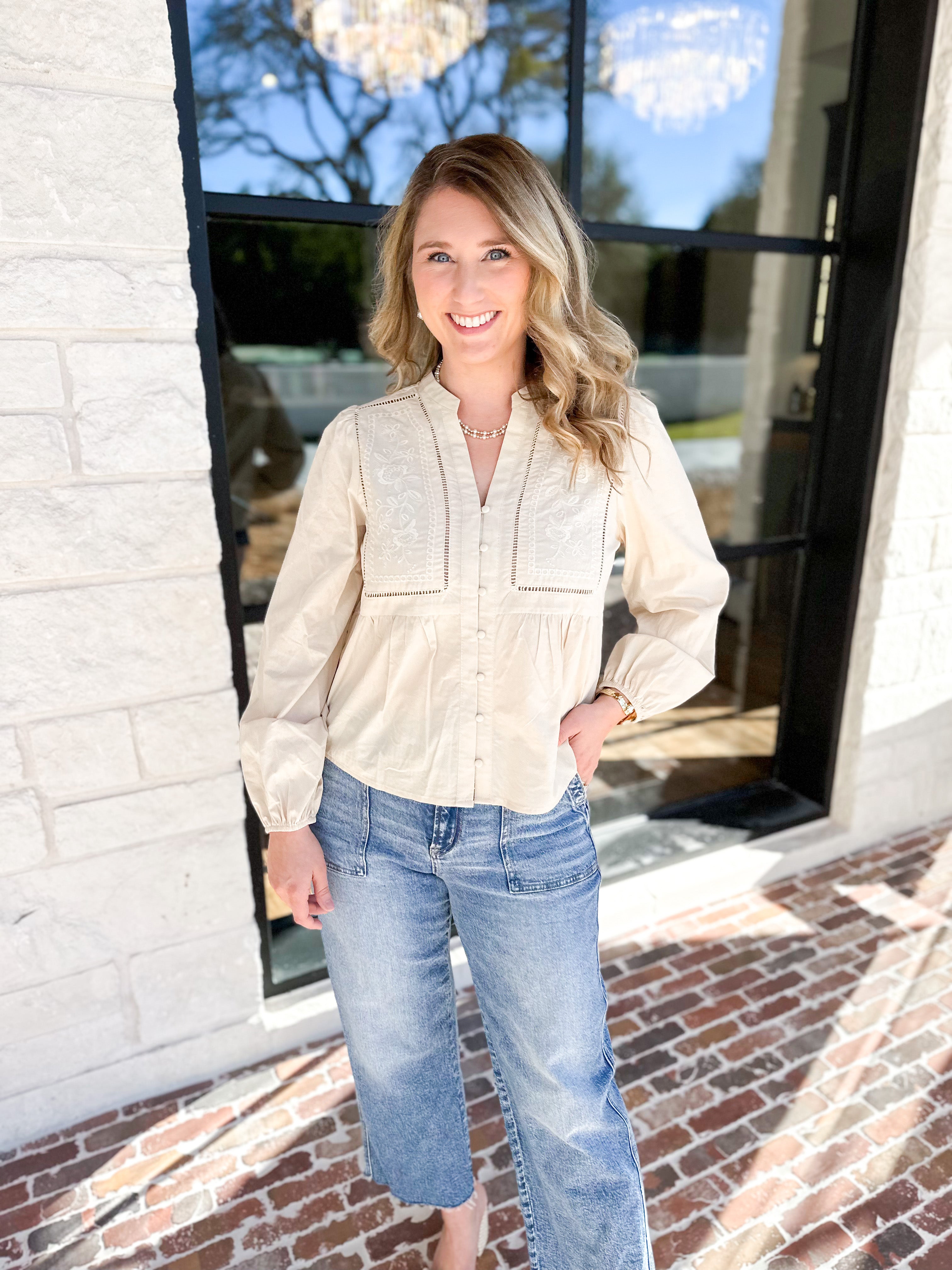Cream Embroidered Peasant Blouse-200 Fashion Blouses-ABLE-July & June Women's Fashion Boutique Located in San Antonio, Texas