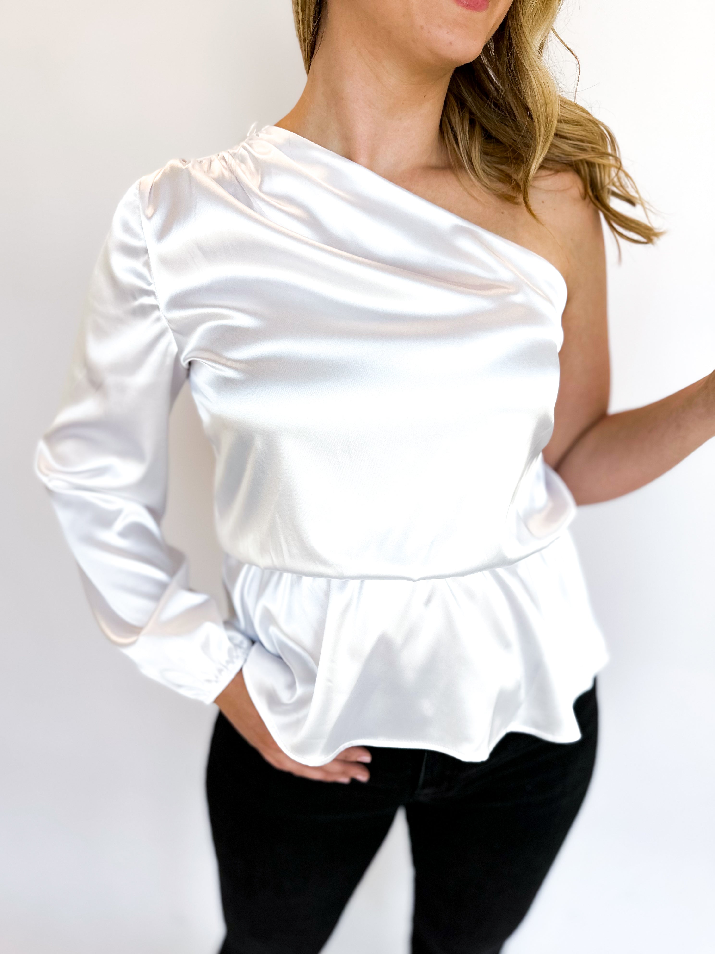 One Shoulder Party Blouse - Pearl-200 Fashion Blouses-ADRIENNE-July & June Women's Fashion Boutique Located in San Antonio, Texas