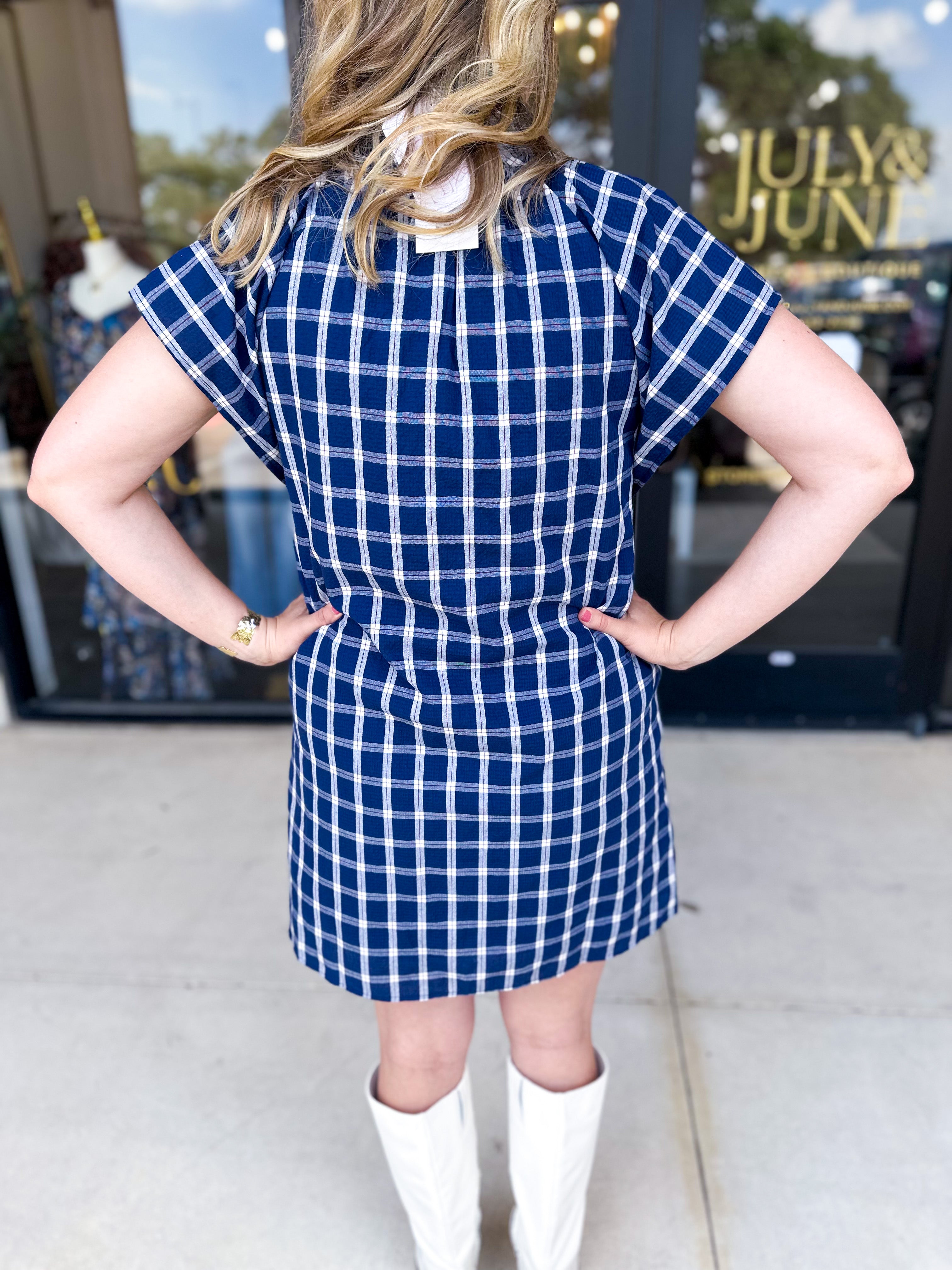 THML - Navy Plaid Mini Dress-510 Mini-THML-July & June Women's Fashion Boutique Located in San Antonio, Texas