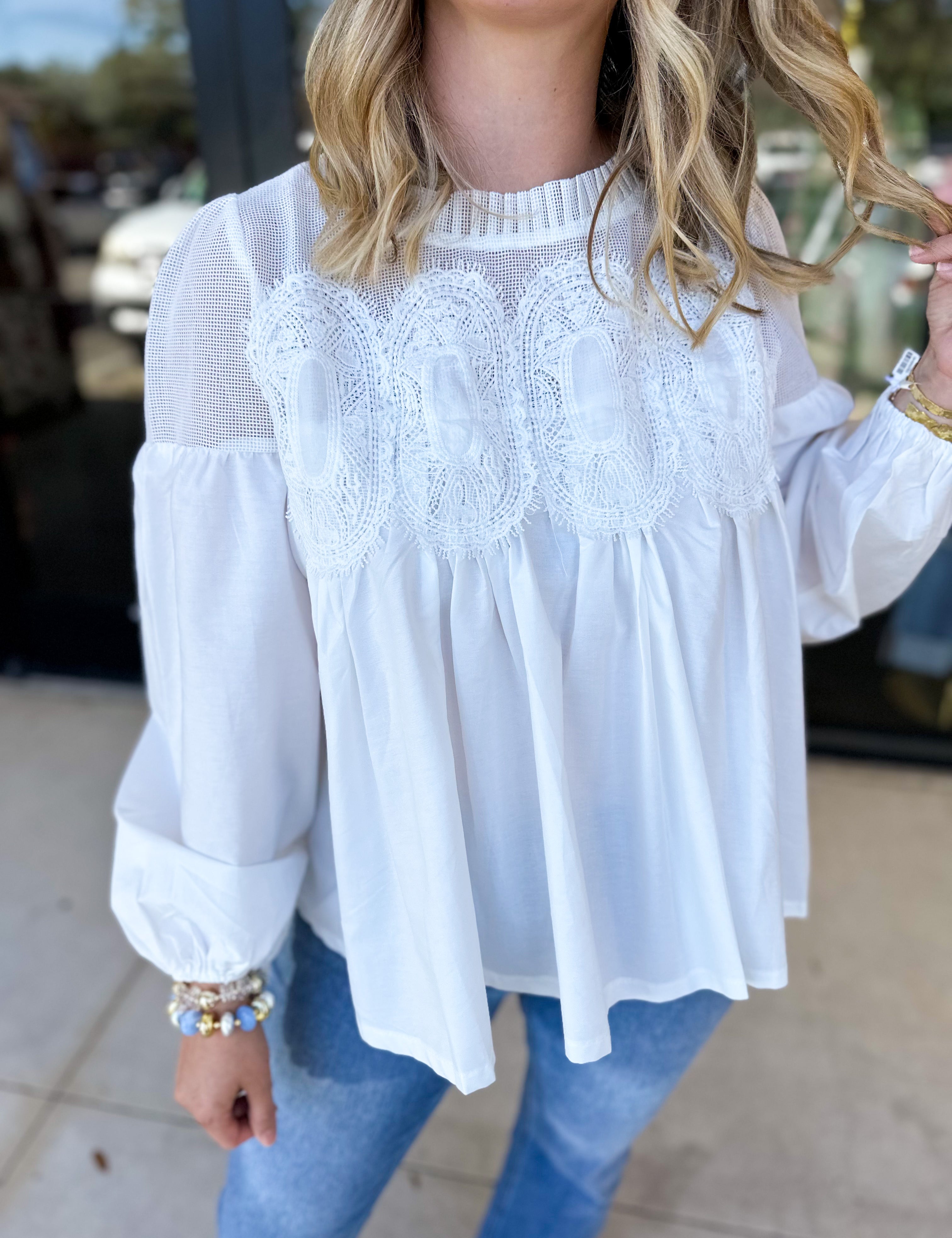 The Lace Details Blouse Long Sleeve - Ivory-200 Fashion Blouses-FATE-July & June Women's Fashion Boutique Located in San Antonio, Texas