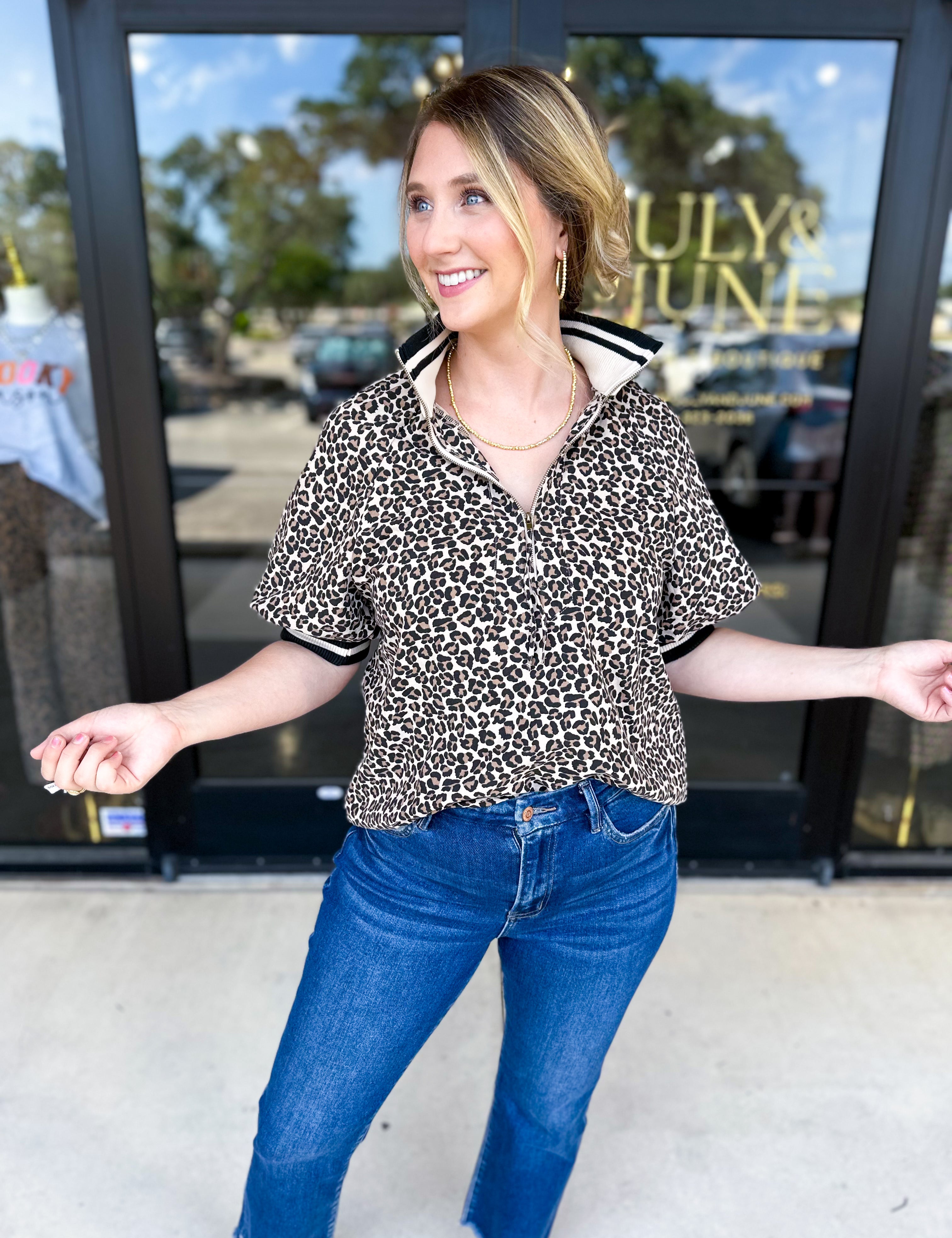Zip Up Cheetah Top-200 Fashion Blouses-ENTRO-July & June Women's Fashion Boutique Located in San Antonio, Texas