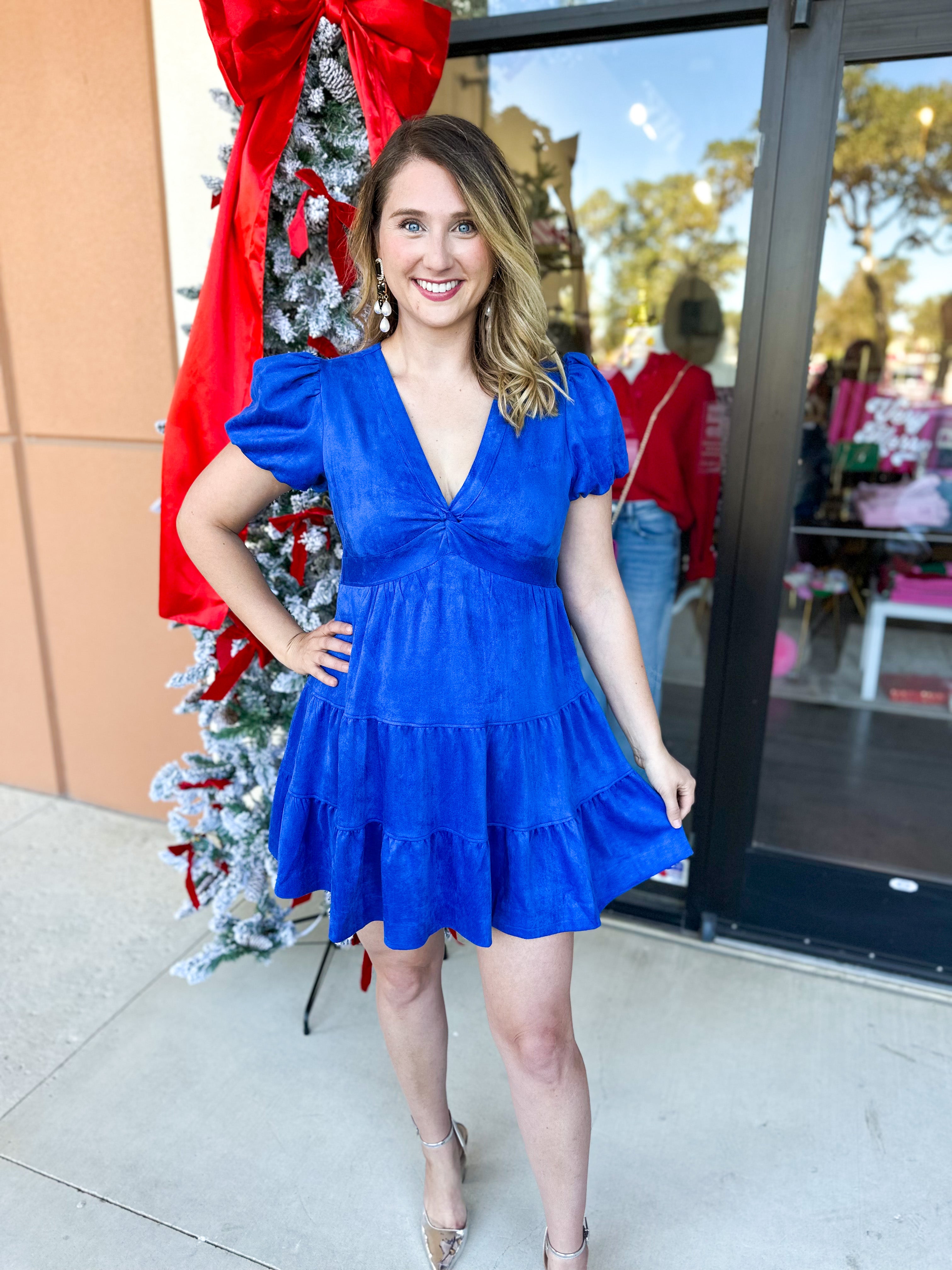 Talk of the Town Mini Dress- Cobalt Suede-510 Mini-SKIES ARE BLUE-July & June Women's Fashion Boutique Located in San Antonio, Texas