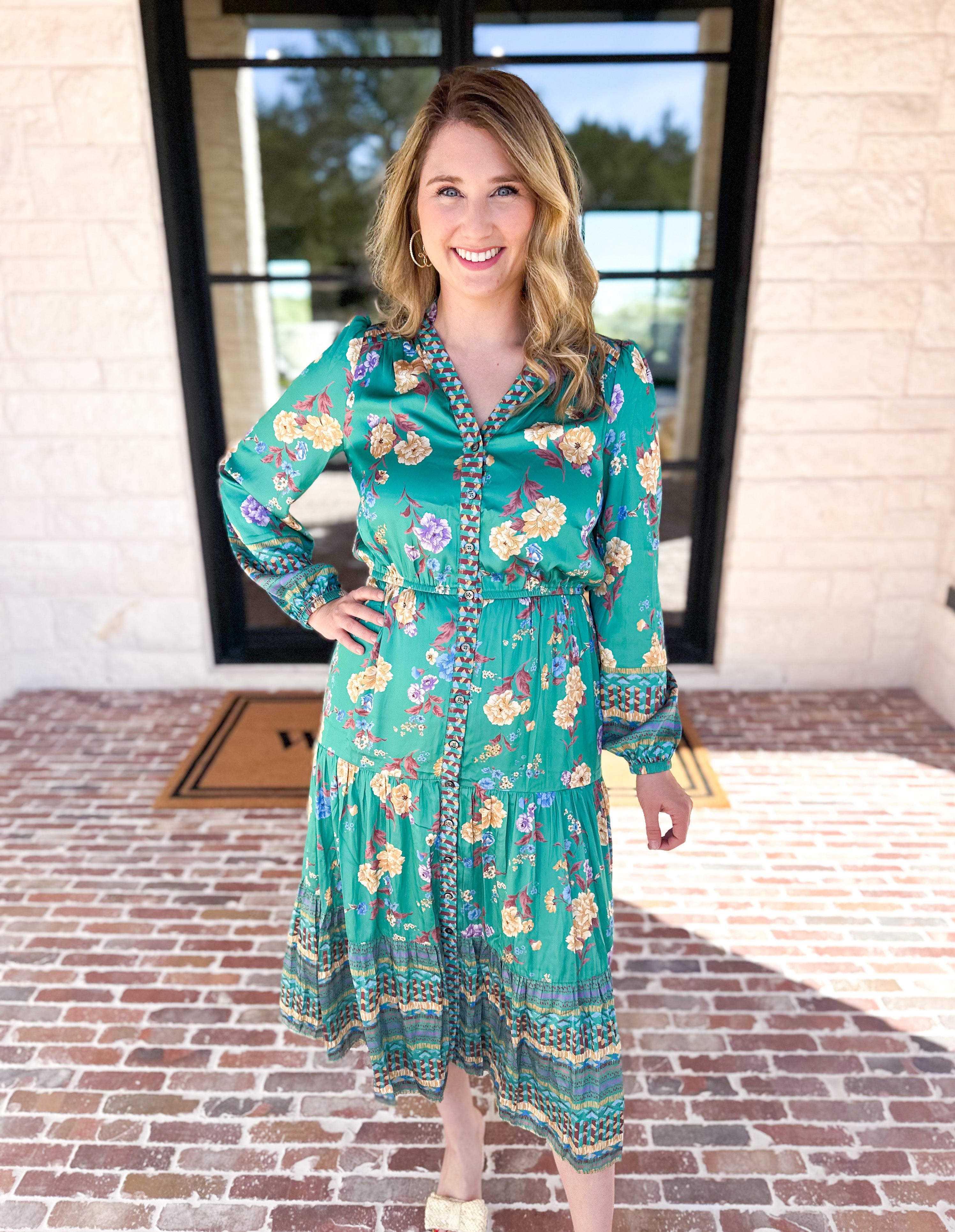 Current Air - Green Floral Satin Midi Dress-500 Midi-CURRENT AIR CLOTHING-July & June Women's Fashion Boutique Located in San Antonio, Texas