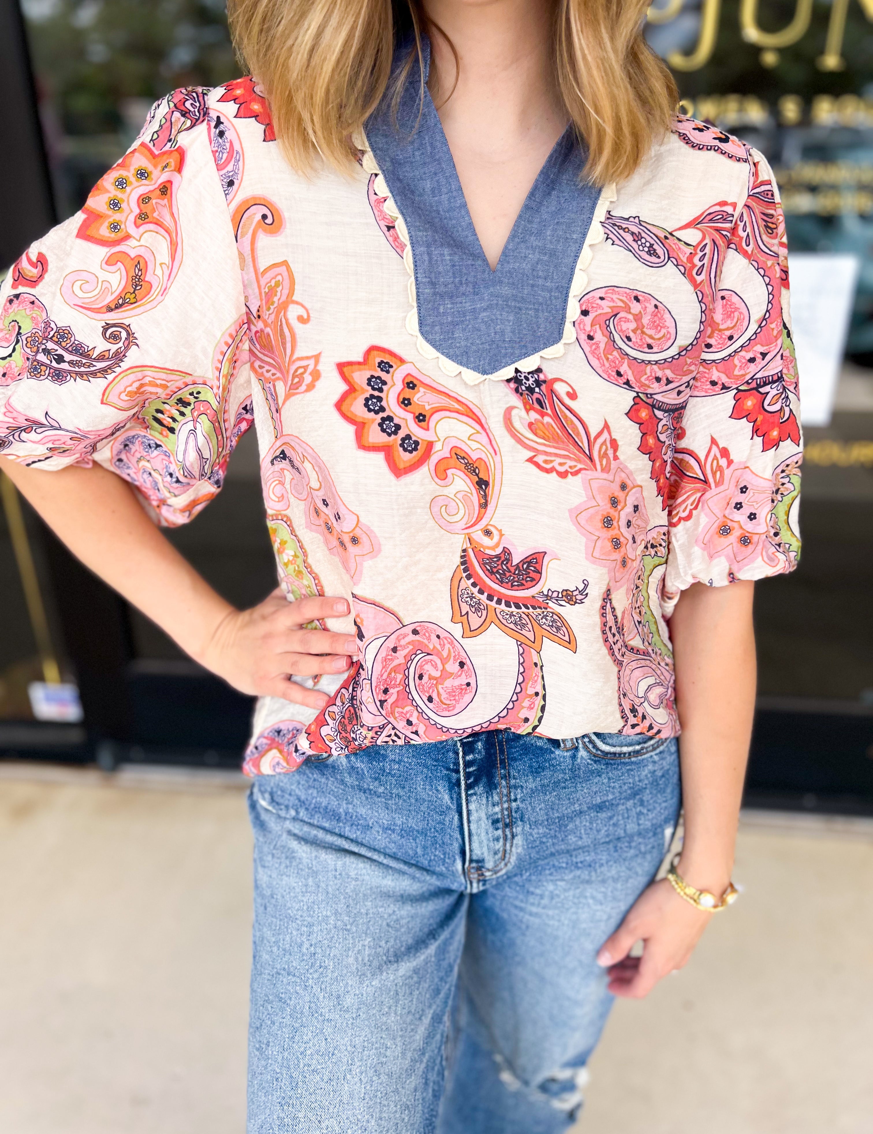 THML - Pink Paisley & Denim Blouse-200 Fashion Blouses-THML-July & June Women's Fashion Boutique Located in San Antonio, Texas