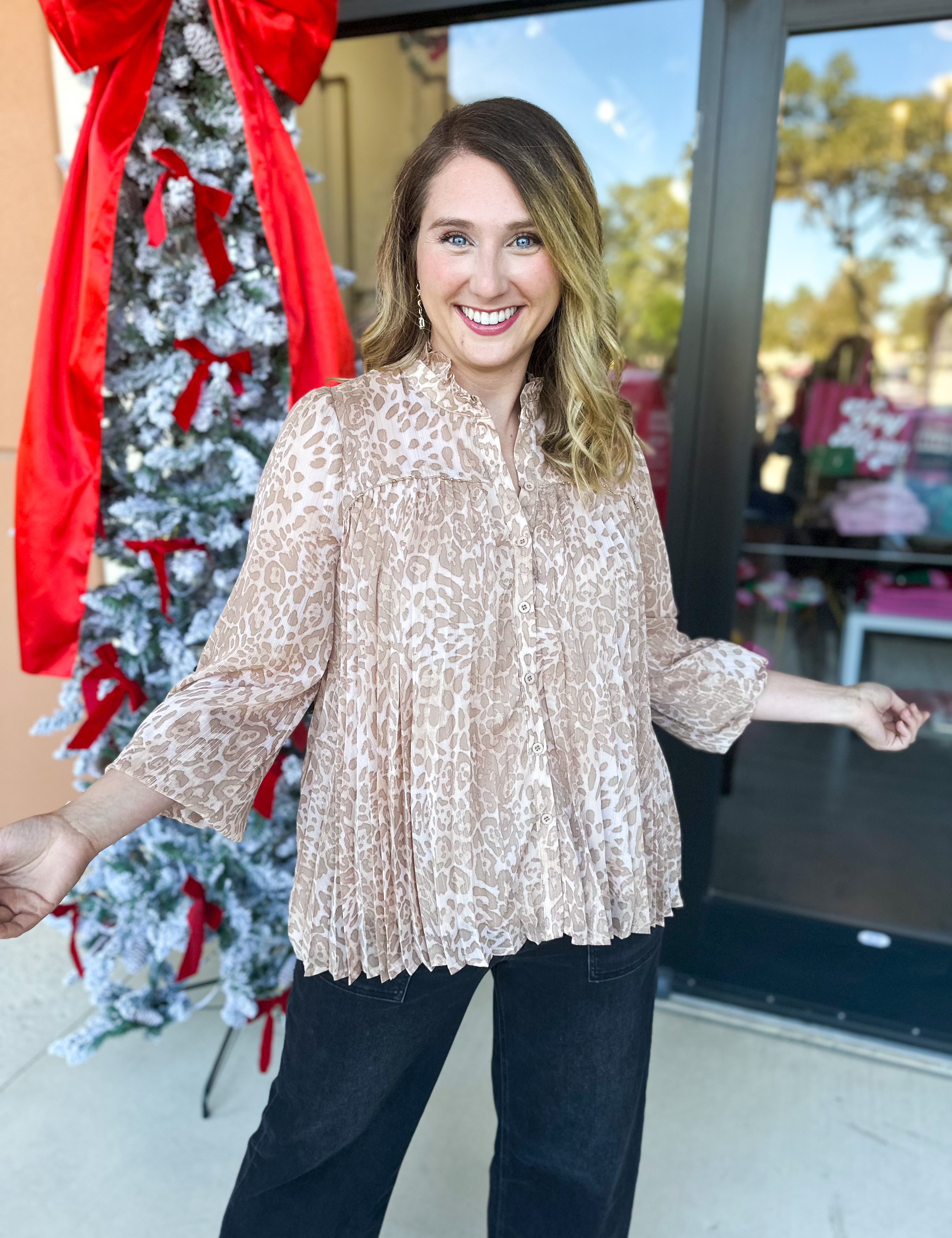 Champagne Cheetah Blouse-200 Fashion Blouses-FATE-July & June Women's Fashion Boutique Located in San Antonio, Texas