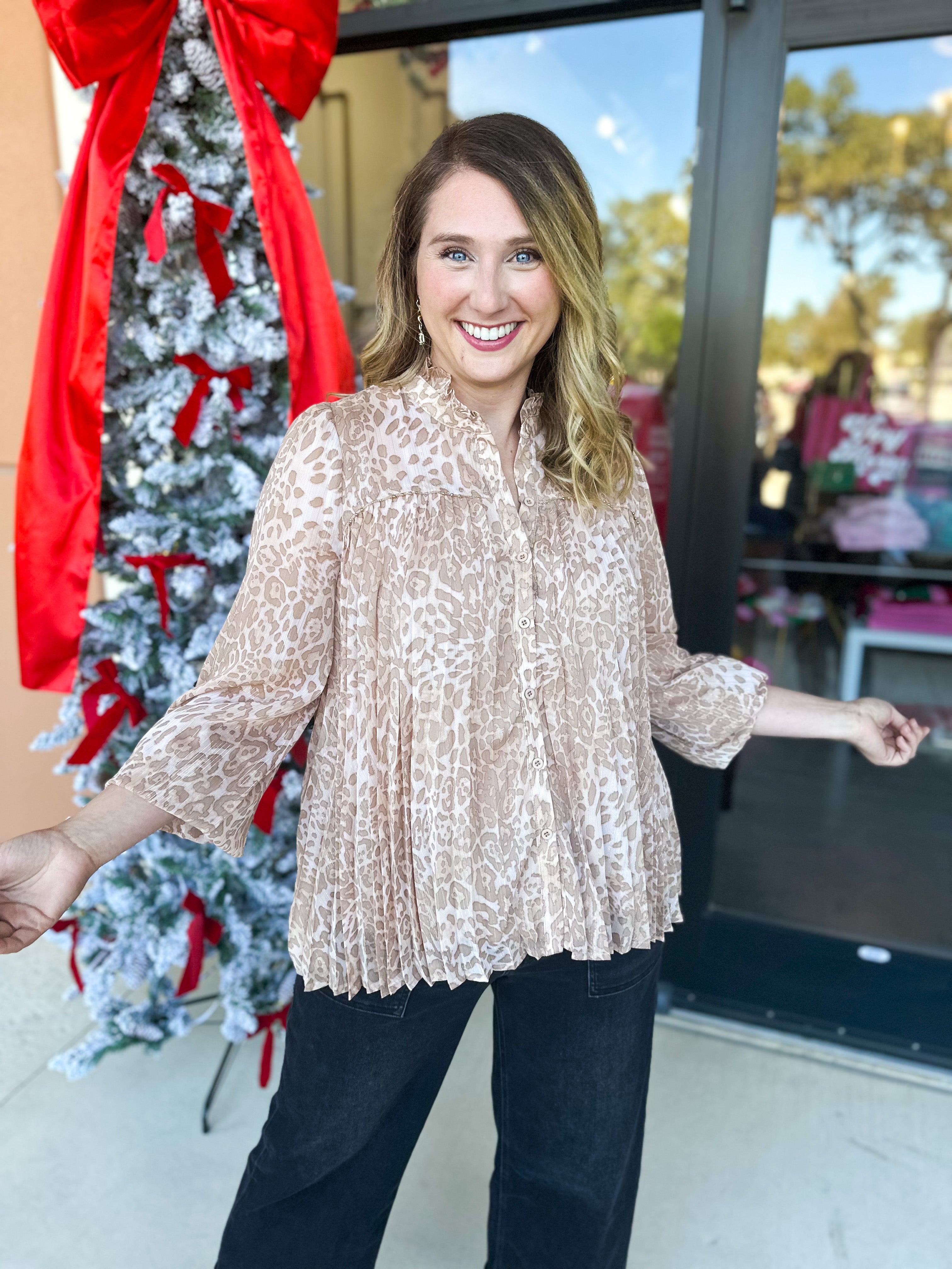 Champagne Cheetah Blouse-200 Fashion Blouses-FATE-July & June Women's Fashion Boutique Located in San Antonio, Texas