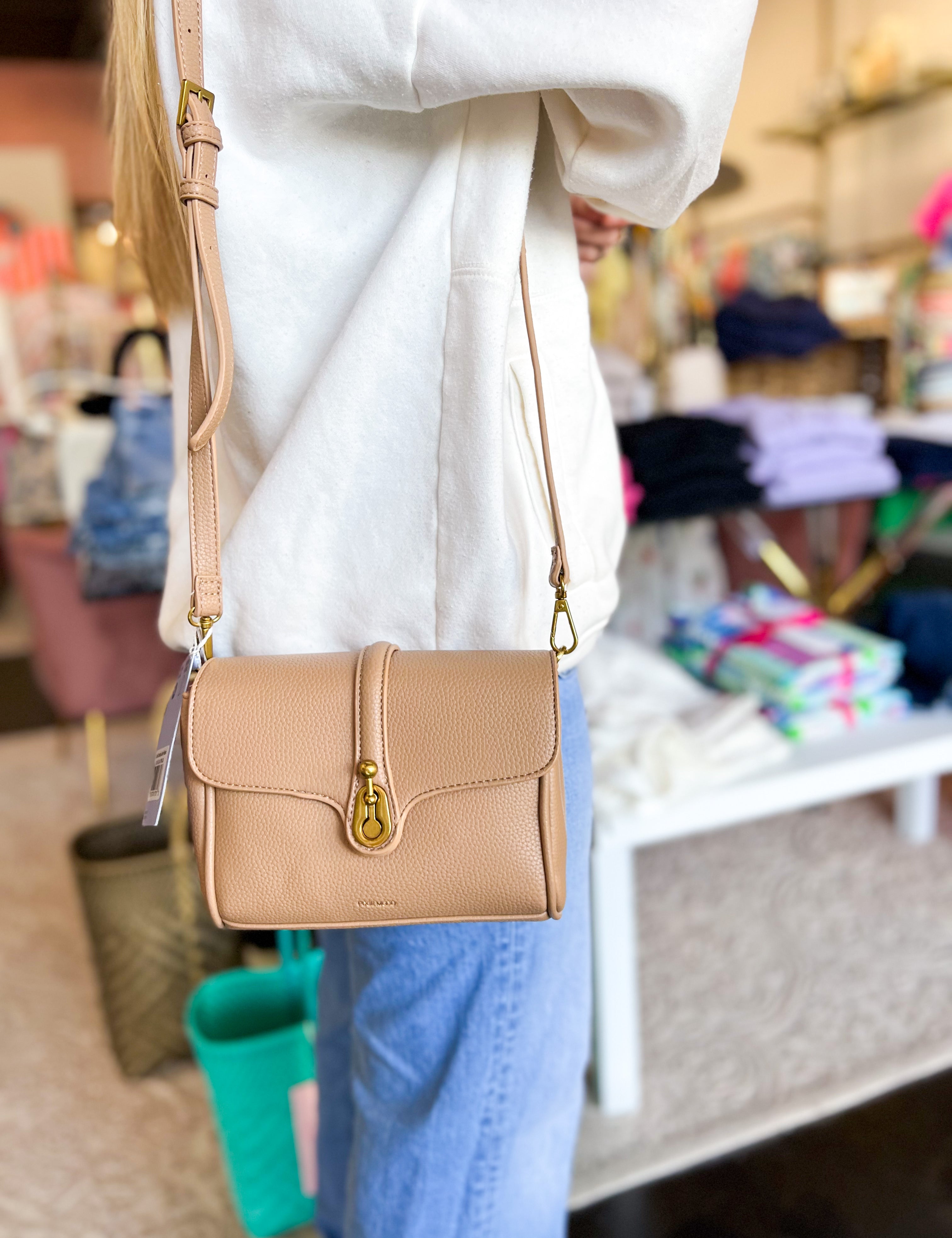Pixie Mood - Lock - Recycled Vegan Crossbody - Latte Pebbled-130 Accessories-PIXIE MOOD-July & June Women's Fashion Boutique Located in San Antonio, Texas