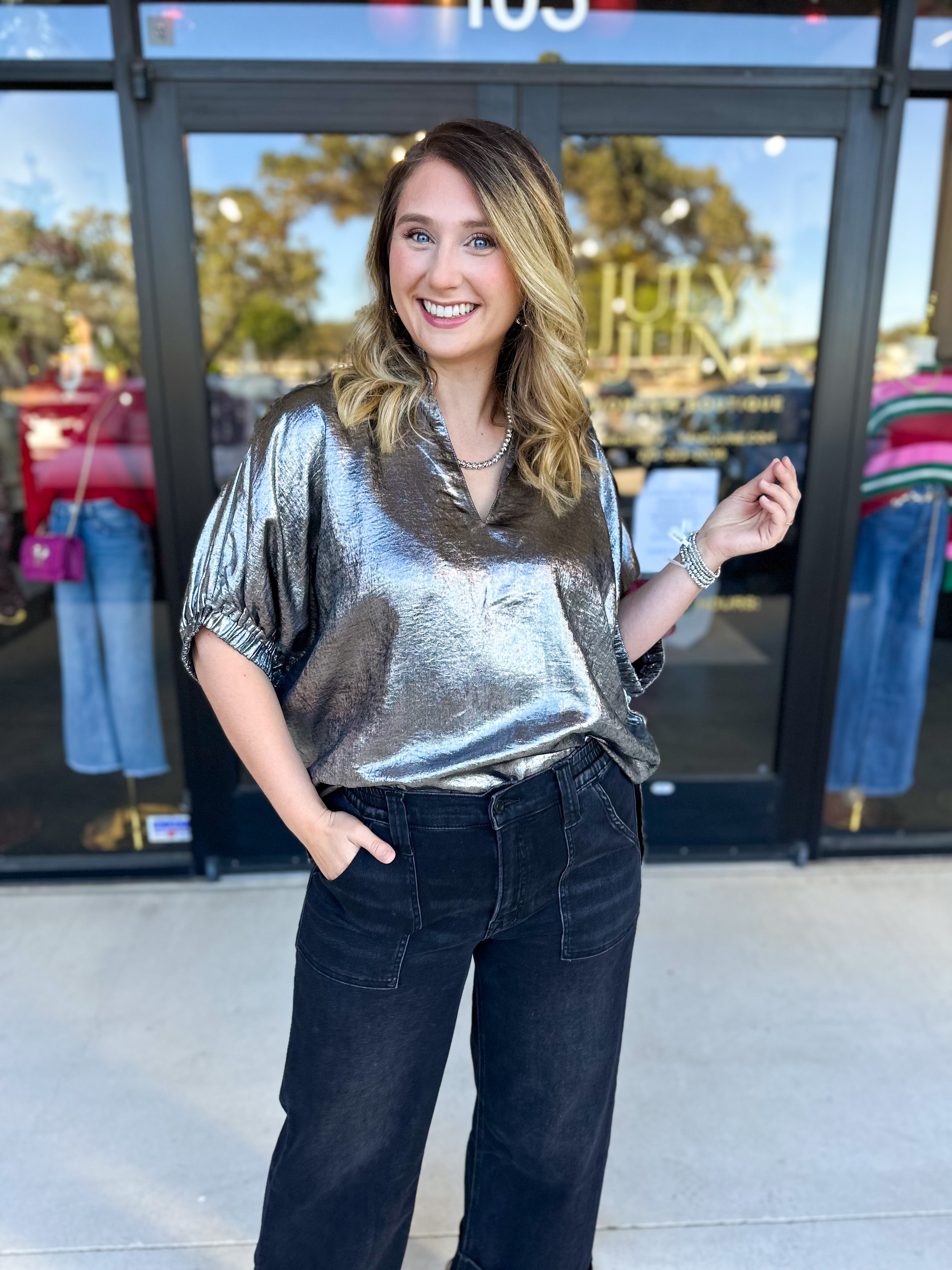 Celebration Blouse - Chrome-200 Fashion Blouses-ENTRO-July & June Women's Fashion Boutique Located in San Antonio, Texas