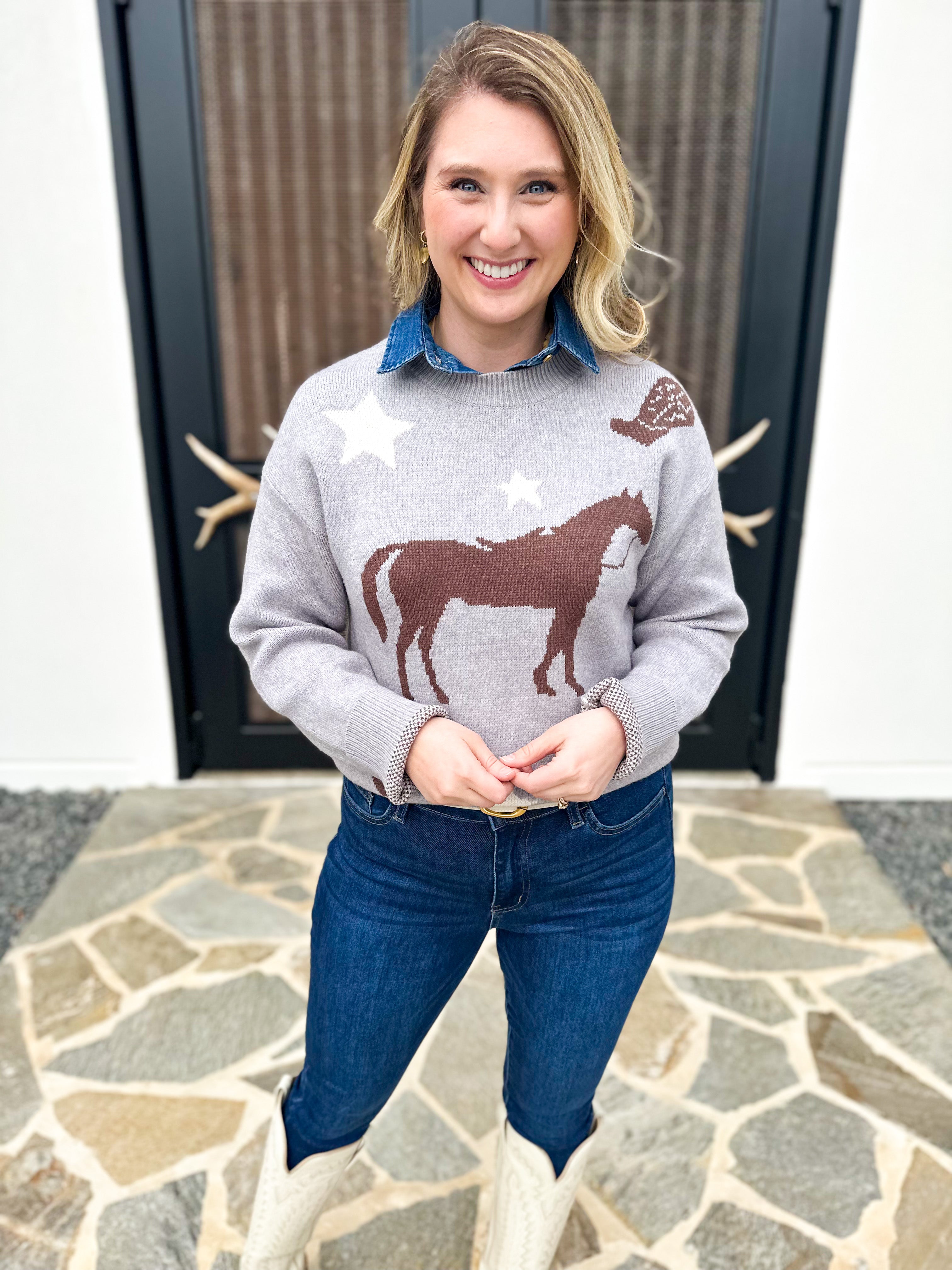 THML - Grey Horse Sweater-230 Sweaters/Cardis-THML-July & June Women's Fashion Boutique Located in San Antonio, Texas