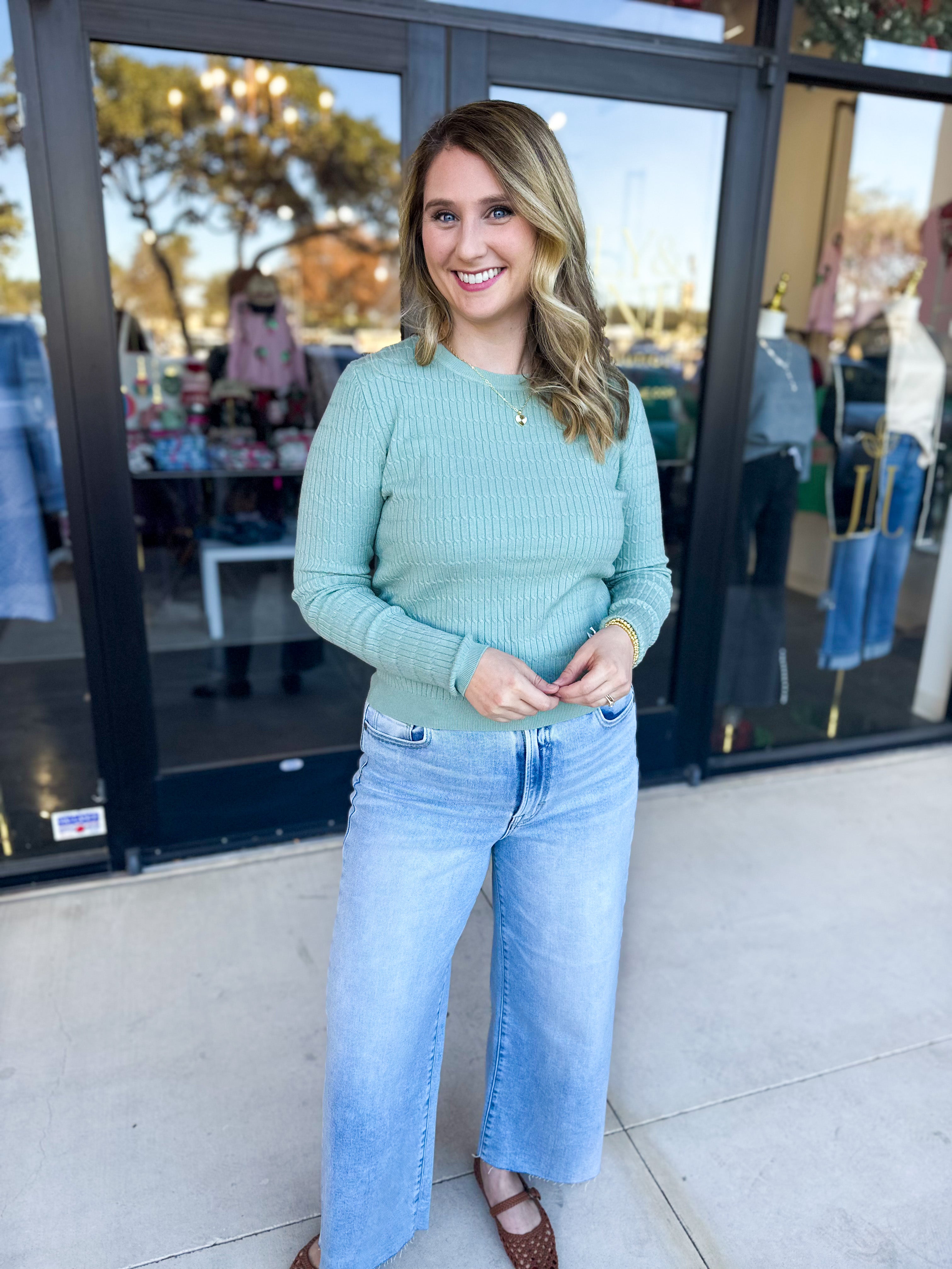 Tailored Cable Knit Sweater Top - Sage-230 Sweaters/Cardis-ALLIE ROSE-July & June Women's Fashion Boutique Located in San Antonio, Texas