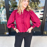 Burgundy Ruffle Blouse-200 Fashion Blouses-ENTRO-July & June Women's Fashion Boutique Located in San Antonio, Texas