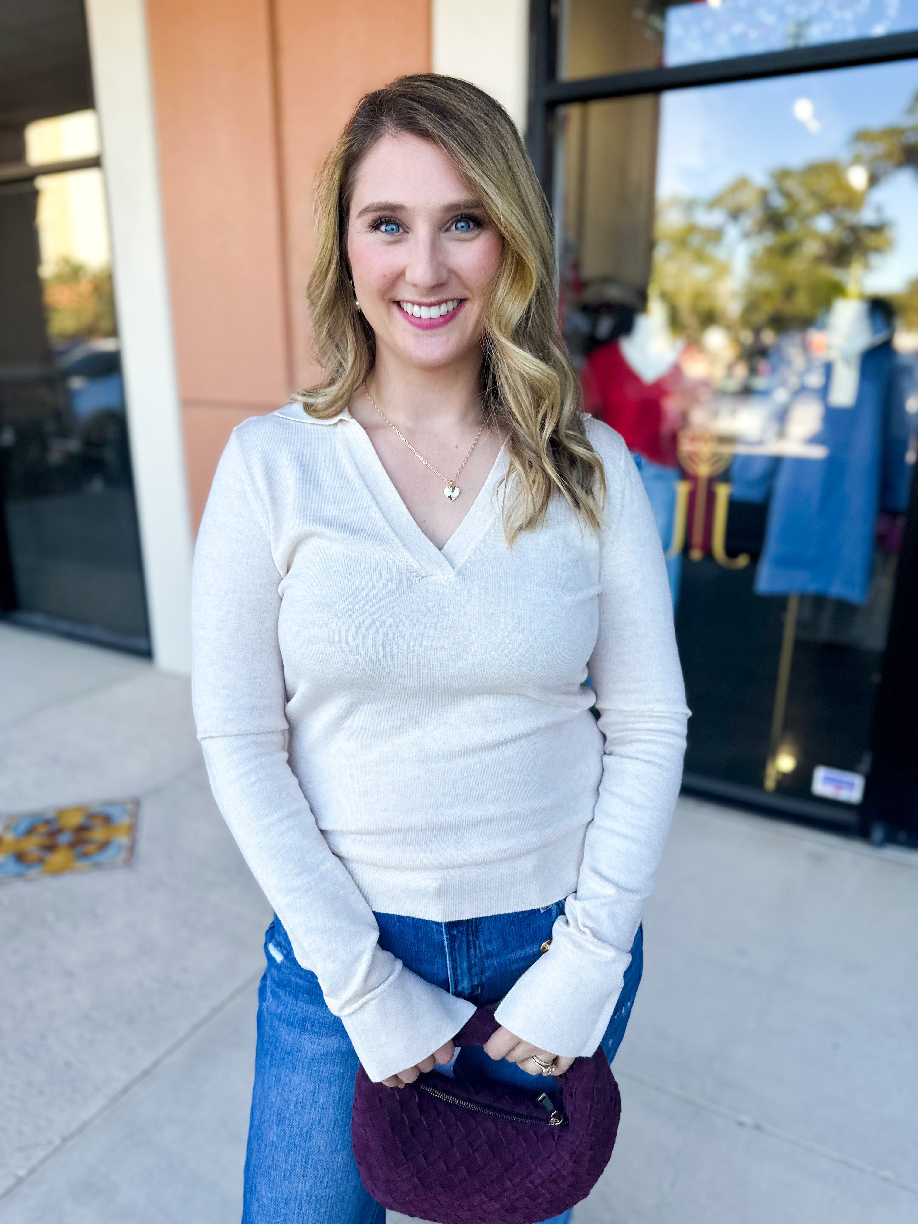 Collared Knit Long Sleeve - Cream-230 Sweaters/Cardis-SKIES ARE BLUE-July & June Women's Fashion Boutique Located in San Antonio, Texas