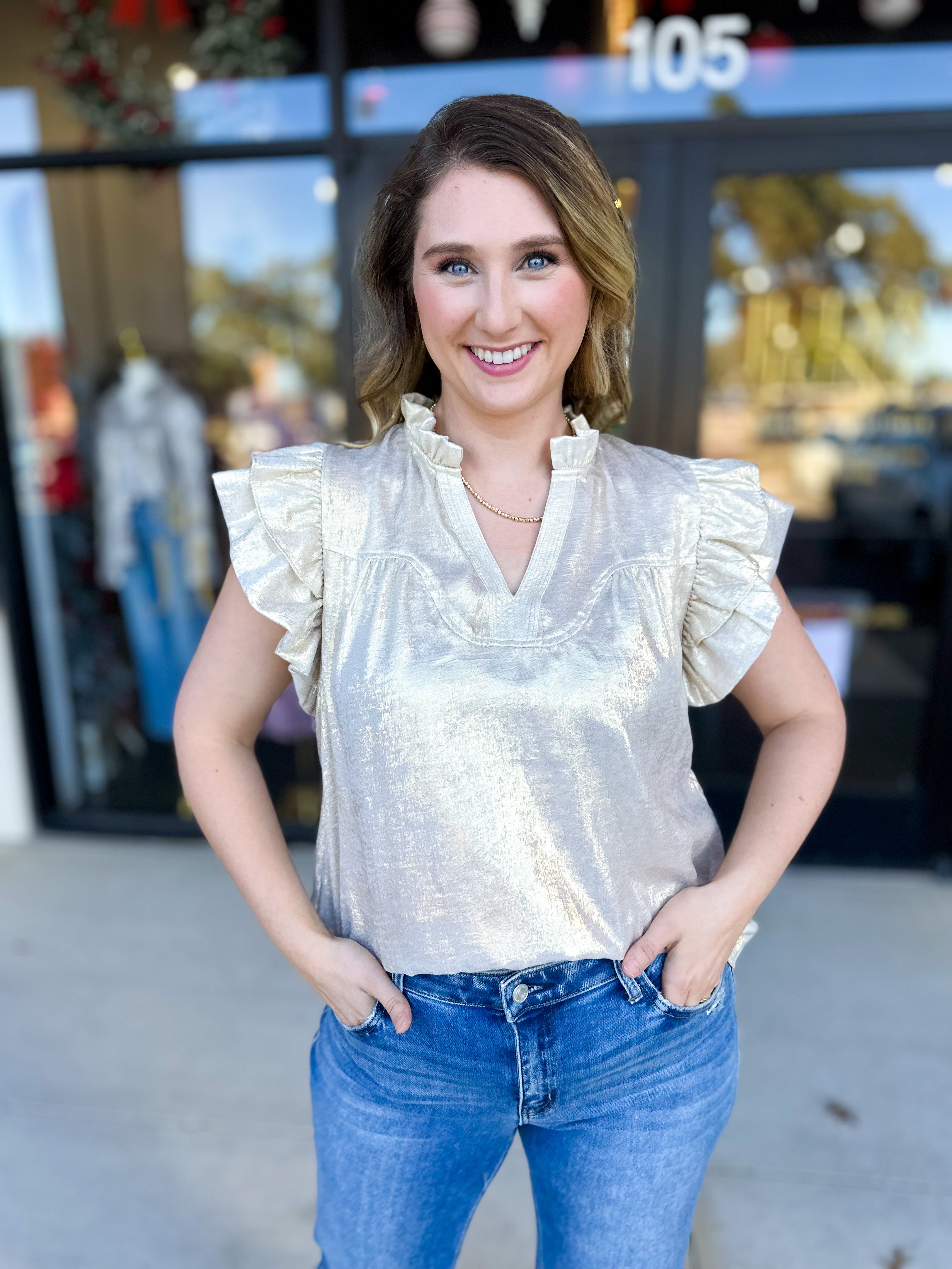 THML - Gold Shimmer Blouse-200 Fashion Blouses-THML-July & June Women's Fashion Boutique Located in San Antonio, Texas