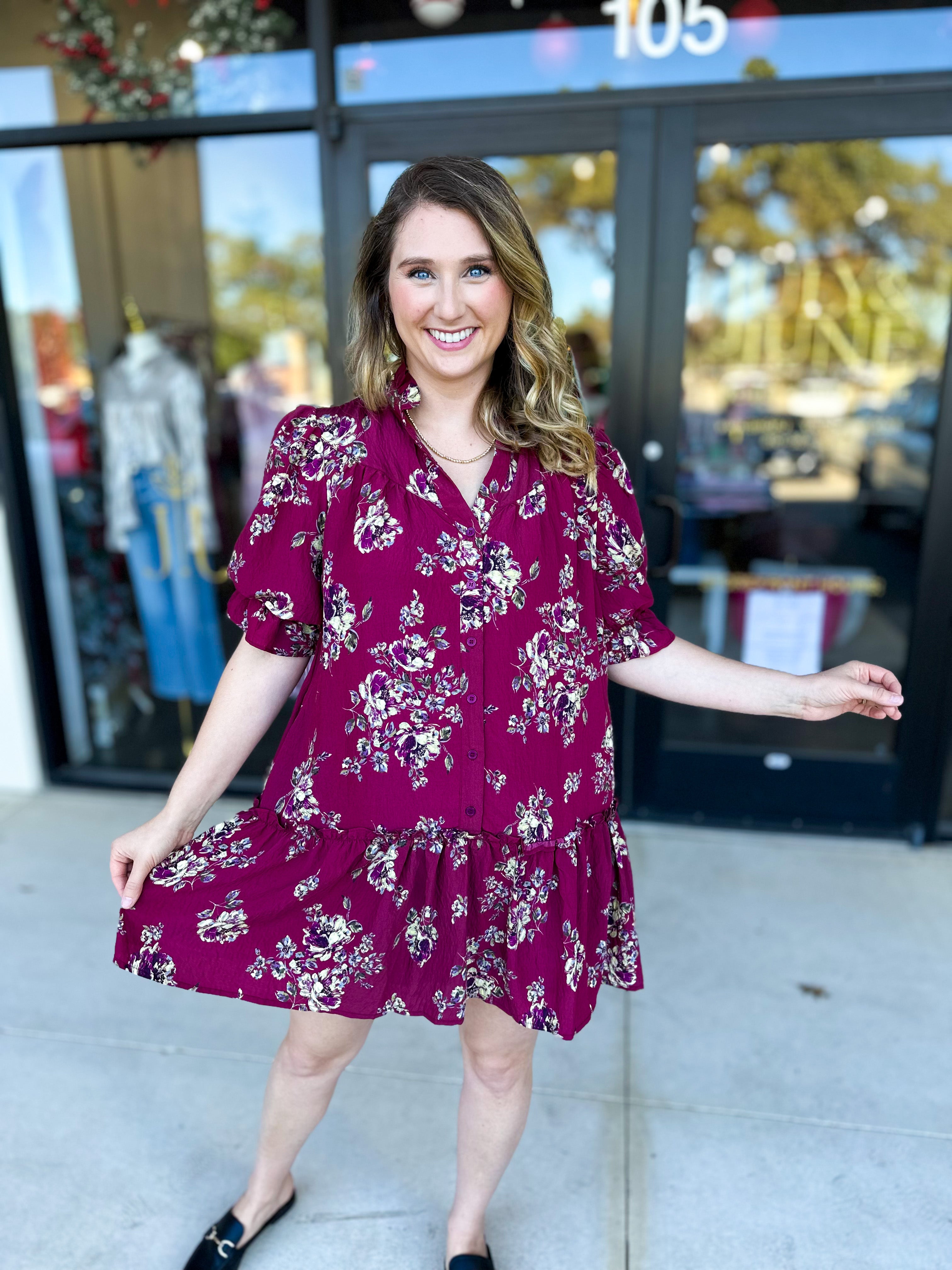 Red Plum Floral Mini Dress-510 Mini-FATE-July & June Women's Fashion Boutique Located in San Antonio, Texas