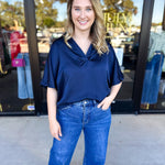 Pink Friday Doorbuster - Classic Satin Blouse - Navy - IN STORE-PINK FRIDAY DOORBUSTERS-GLAM-July & June Women's Fashion Boutique Located in San Antonio, Texas