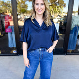 Pink Friday Doorbuster - Classic Satin Blouse - Navy - IN STORE-PINK FRIDAY DOORBUSTERS-GLAM-July & June Women's Fashion Boutique Located in San Antonio, Texas