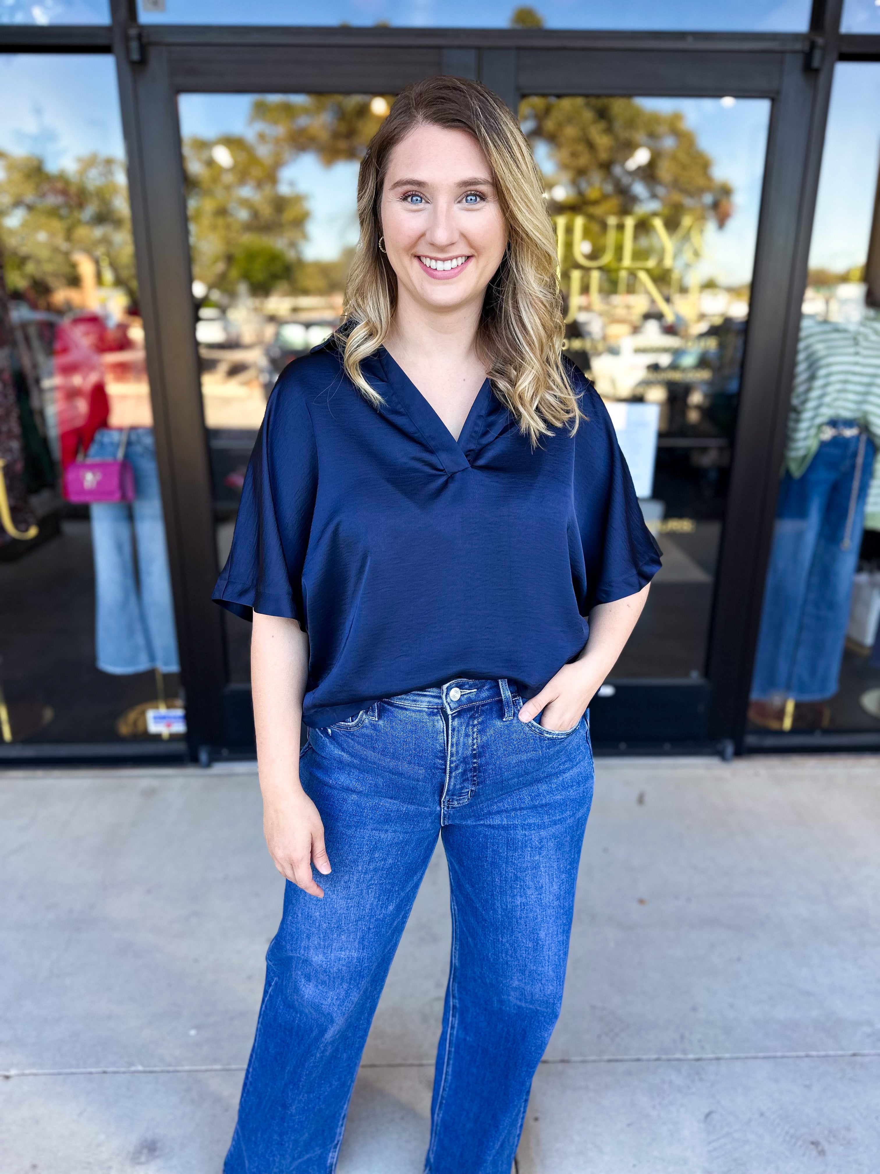 Pink Friday Doorbuster - Classic Satin Blouse - Navy - IN STORE-PINK FRIDAY DOORBUSTERS-GLAM-July & June Women's Fashion Boutique Located in San Antonio, Texas