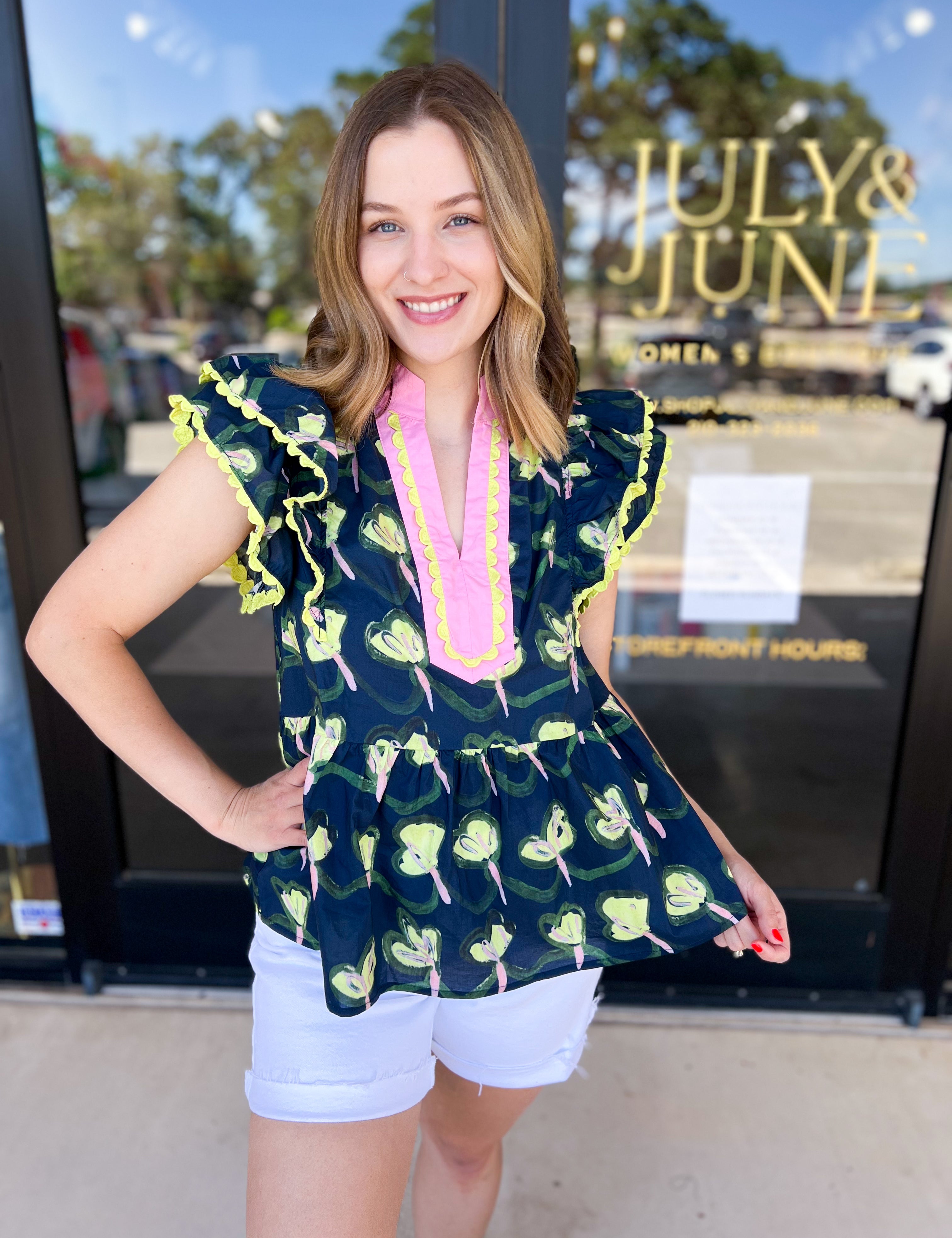 Navy & Yellow Floral Blouse-200 Fashion Blouses-ENTRO-July & June Women's Fashion Boutique Located in San Antonio, Texas