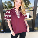 Maroon Embroidered Blouse-200 Fashion Blouses-ENTRO-July & June Women's Fashion Boutique Located in San Antonio, Texas