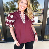 Maroon Embroidered Blouse-200 Fashion Blouses-ENTRO-July & June Women's Fashion Boutique Located in San Antonio, Texas