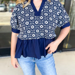 The Fall Peplum Top - Navy-200 Fashion Blouses-ENTRO-July & June Women's Fashion Boutique Located in San Antonio, Texas
