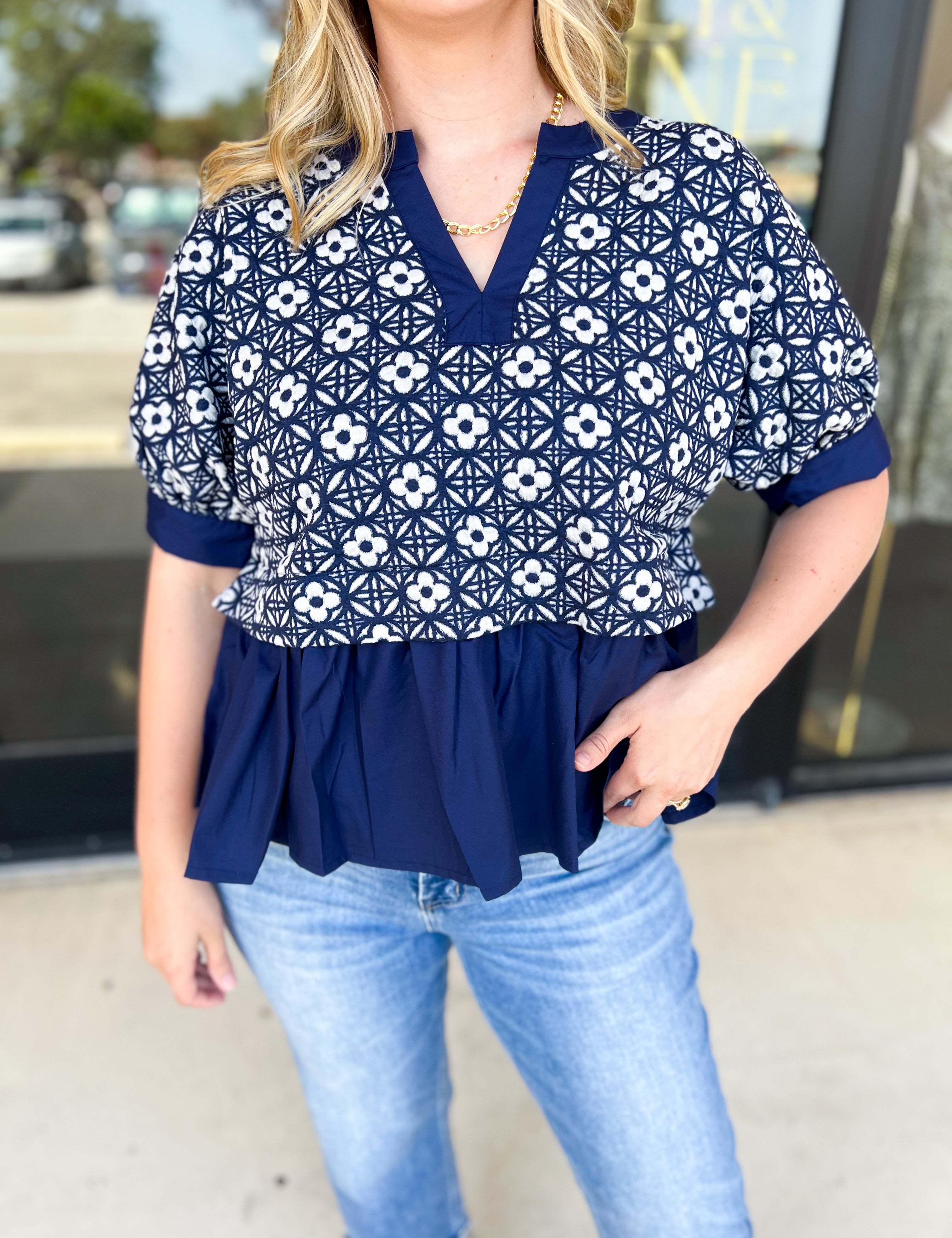 The Fall Peplum Top - Navy-200 Fashion Blouses-ENTRO-July & June Women's Fashion Boutique Located in San Antonio, Texas